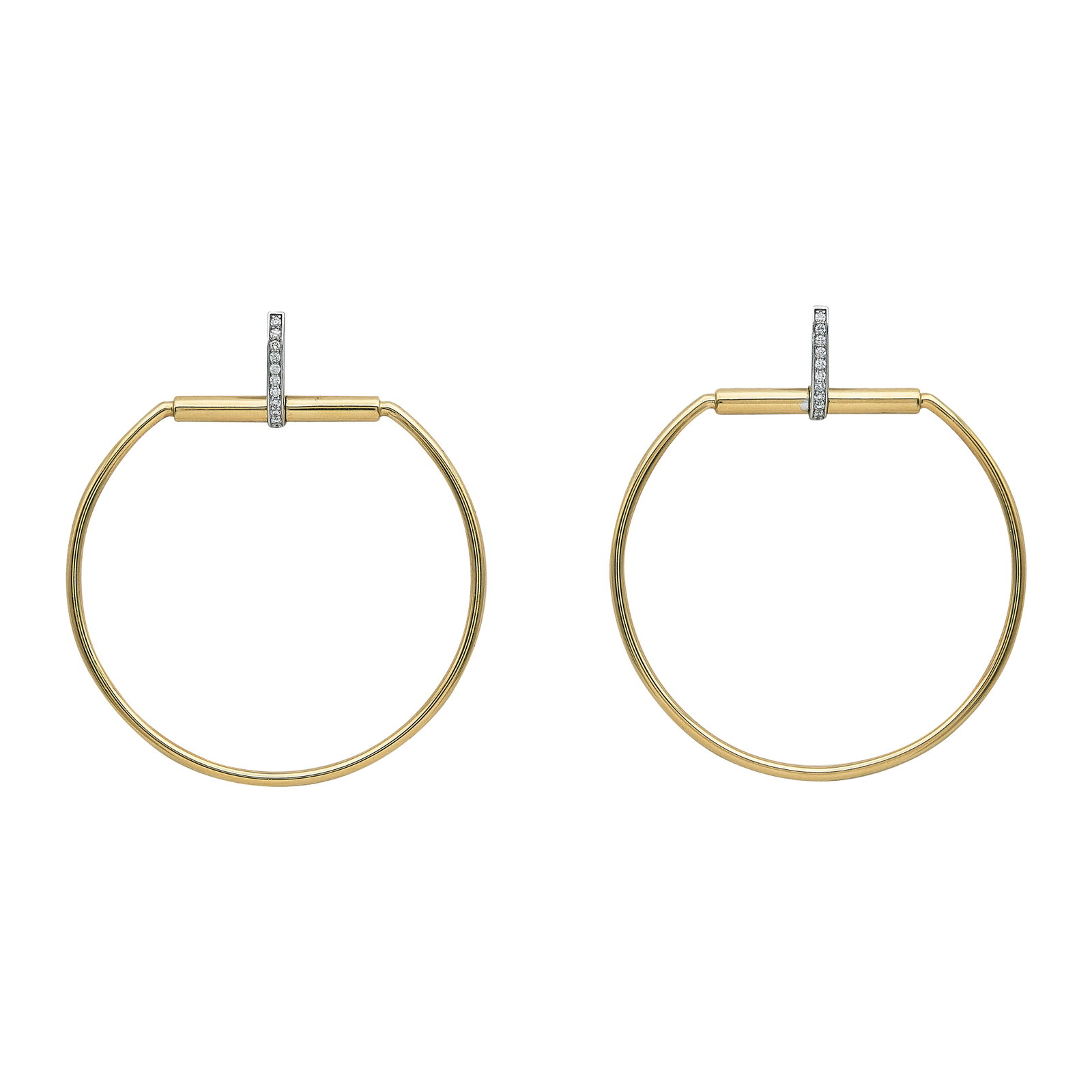 Roberto Coin 18K Yellow Gold and Diamond Hoop Earrings: BRAND: Roberto Coin; METAL: 18K Yellow Gold; APPROXIMATE TOTAL DIAMOND WEIGHT: 0.24 ctw; STAMPED: 18KT, RC, Maker's Mark; CONDITION: Pre-owned, Very Good; ITEM WEIGHT (GRAMS): 12.4 g; MEASUREMENTS: Ea