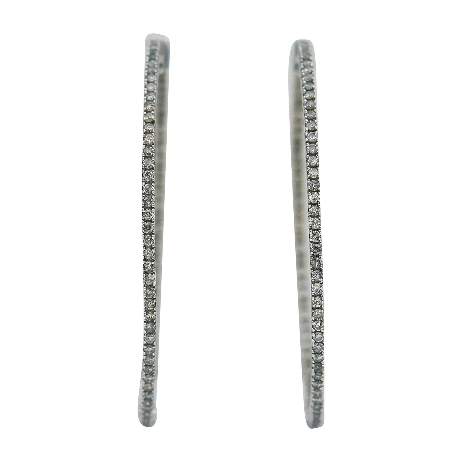 14K White Gold and Diamond Inside-Out Hoop Earrings: METAL: 14K White Gold; APPROXIMATE TOTAL DIAMOND WEIGHT: 1.75 ctw; STAMPED: SK, 14K; CONDITION: Pre-owned, Fair; ITEM WEIGHT (GRAMS): 9.2 g; MEASUREMENTS: Earrings 2 1/16 inches in diameter; ADDITIONA