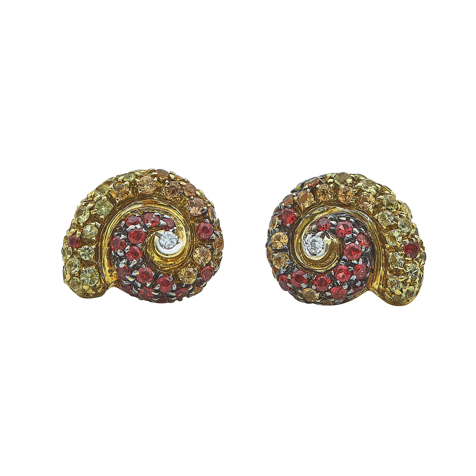 18K Yellow Gold Multi-Colored Sapphire and Diamond Seashell Stud Earrings: METAL: 18K Yellow Gold; APPROXIMATE TOTAL DIAMOND WEIGHT: 0.02 ctw; GEMSTONES: Multi-Colored Sapphires; STAMPED: Italian workshop mark, 750; CONDITION: Pre-owned, Very Good; ITEM WEIGHT (GRAMS): 6.69 