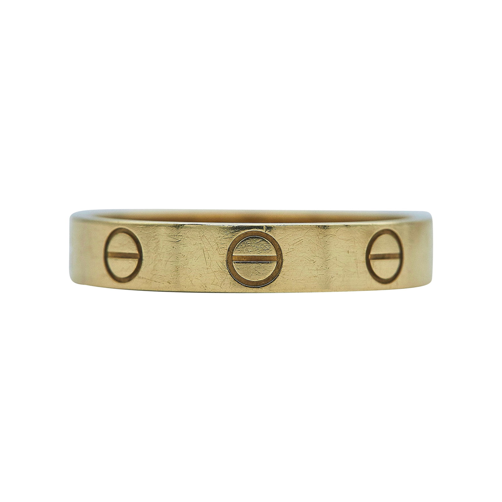 Cartier Love 18K Yellow Gold Band Ring: BRAND: Cartier; COLLECTION: Love; METAL: 18K Yellow Gold; STAMPED: © Cartier 54, Au750, serial number, Maker's Mark; CONDITION: Pre-owned, Very Good; ITEM WEIGHT (GRAMS): 3.4 g; MEASUREMENTS: Cartier