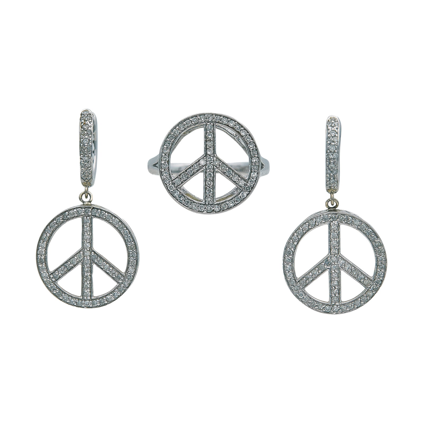 14K White Gold and Diamond Earrings and Ring Peace Sign Set: METAL: 14K White Gold; APPROXIMATE TOTAL DIAMOND WEIGHT: 0.98 ctw; STAMPED: Ring mark: 14K, Maker's Mark; Earrings marked: 14K, Maker's Mark; CONDITION: Pre-owned, Good; ITEM WEIGHT (GRAMS): 7.5 g; ME