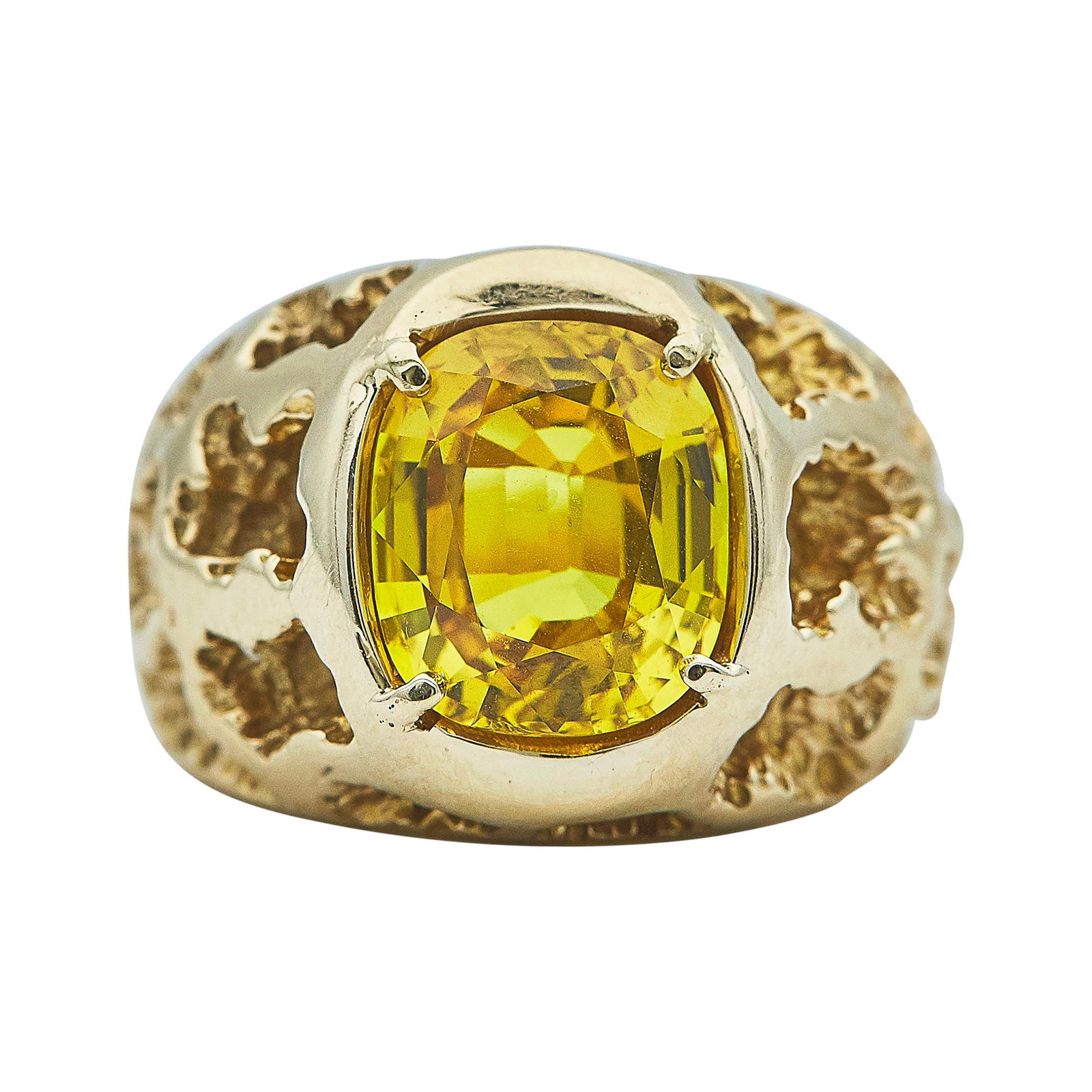 14K Yellow Gold and Yellow Sapphire Ring: METAL: 14K Yellow Gold; CARAT WEIGHT: 6 ctw; GEMSTONES: Yellow Sapphire approx. 7.00 carats; STAMPED: 14K rubbed; CONDITION: Pre-owned, Very Good; ITEM WEIGHT (GRAMS): 19.9 g; MEASUREMENTS: Ring size 