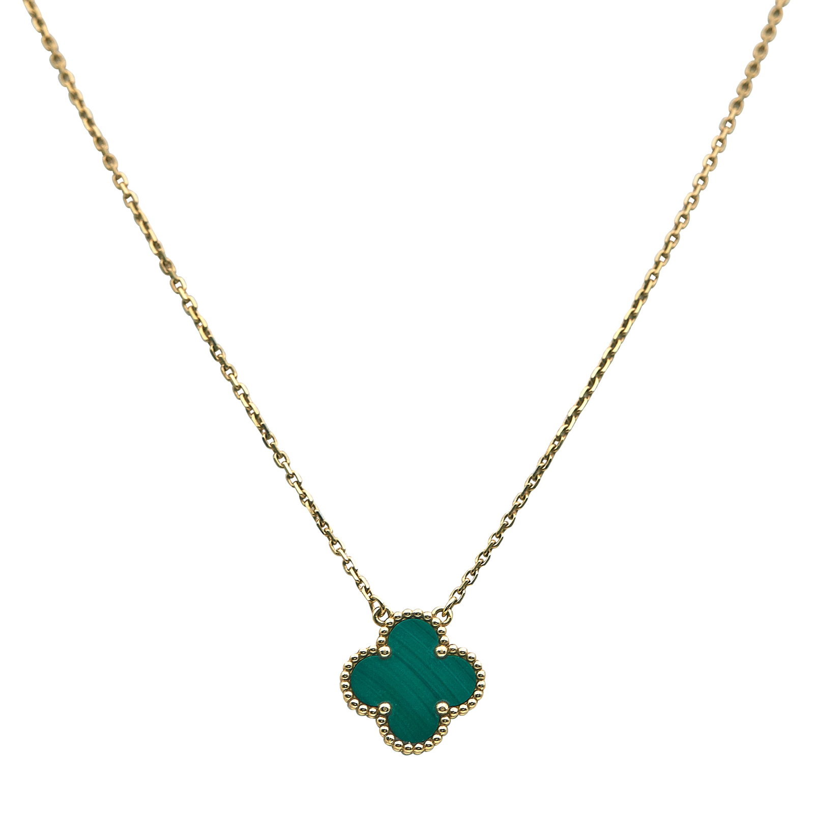 Van Cleef & Arpels Vintage Alhambra 18K Yellow Gold and Malachite Pendant Necklace: BRAND: VCA; COLLECTION: Alhambra (Vintage); METAL: 18K Yellow Gold; GEMSTONES: Malachite; STAMPED: VCA, Au750, serial number, French marks; CONDITION: Pre-owned, Very Good; ITEM WEIGHT (GRAMS): 5.4 g;