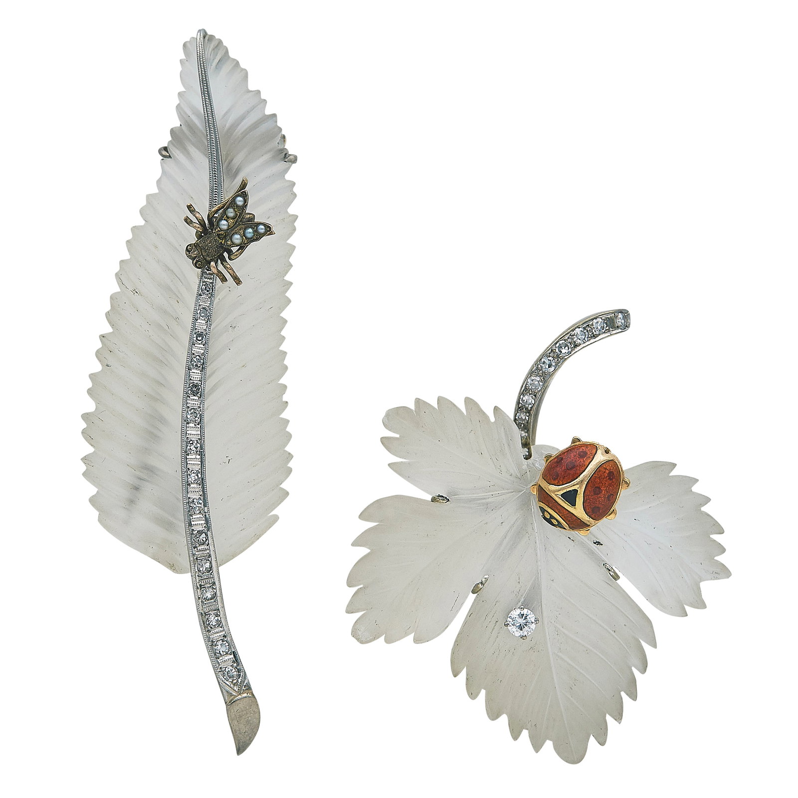 14K White Gold Carved Quartz, Diamond Pearl, and Enamel Leaf Brooch Set: METAL: 14K White Gold; APPROXIMATE TOTAL DIAMOND WEIGHT: 0.52 ctw; GEMSTONES: Quartz, Enamel, Pearls; STAMPED: Lady Bug Brooch: 14K; TESTED: 14K White Gold; CONDITION: Pre-owned; ITEM WEIGHT (GRAMS): 
