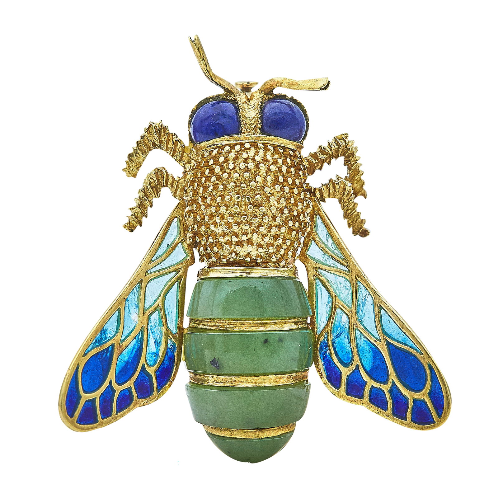 18K Yellow Gold Lapis, Chrysoprase, and Plique-à-Jour Enamel Fly Brooch: METAL: 18K Yellow Gold; GEMSTONES: Enamel, Chrysoprase, Lapis; TESTED: 18K Yellow Gold; CONDITION: Pre-owned, Good; ITEM WEIGHT (GRAMS): 23.1 g; MEASUREMENTS: Brooch 2 inches long x 1 13/16 inch wide