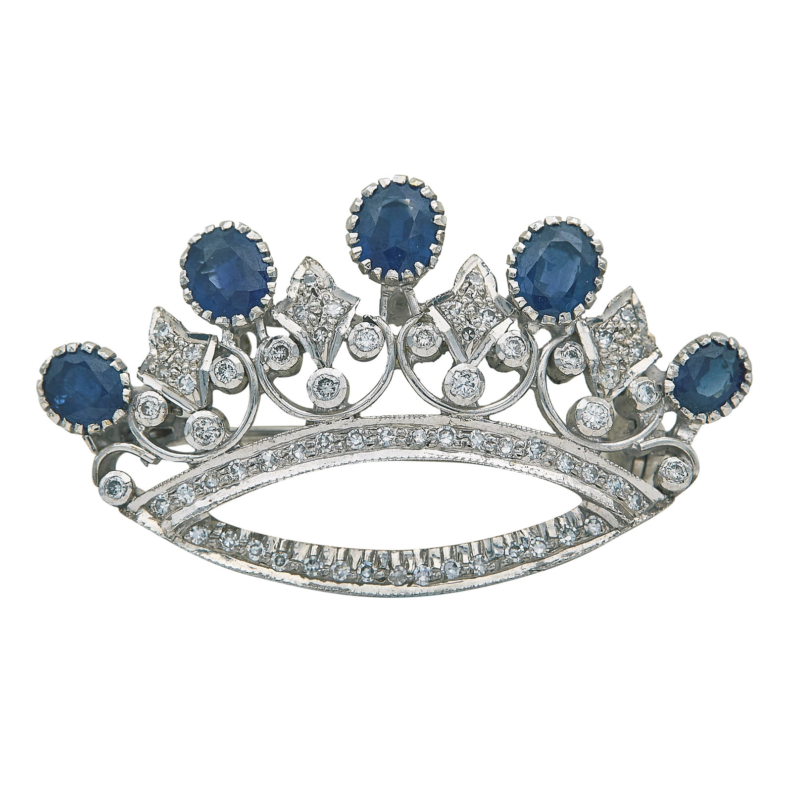 18K White Gold Sapphire and Diamond Crown Pin Brooch: METAL: 18K White Gold; APPROXIMATE TOTAL DIAMOND WEIGHT: 0.29 ctw; GEMSTONES: Sapphire; STAMPED: 750; CONDITION: Pre-owned, Good; ITEM WEIGHT (GRAMS): 8.2 g; MEASUREMENTS: Brooch 1 5/8 inch long x 15/