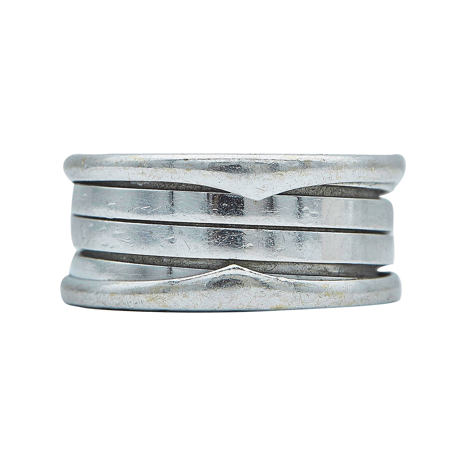 Bulgari Bvlgari B.zero1 18K White Gold Band Ring: BRAND: Bulgari; COLLECTION: B.zero1; METAL: 18K White Gold; STAMPED: Bvlgari, 750, Made in Italy, Italian workshop mark, 54; CONDITION: Pre-owned, Very Good; ITEM WEIGHT (GRAMS): 10.2 g; MEASUREMENTS: