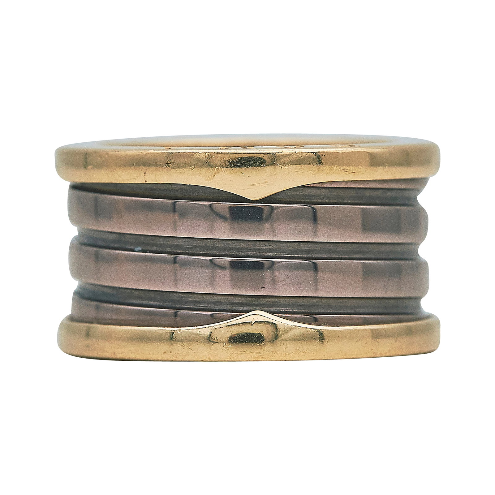 Bulgari Bvlgari B.zero1 18K Rose Gold and Bronze Ceramic Band Ring: BRAND: Bulgari; COLLECTION: B.zero1; METAL: 18K Rose Gold/Ceramic; STAMPED: Au750, Made in Italy, Italian workshop mark, 54, serial number, Metal; CONDITION: Pre-owned, Very Good; ITEM WEIGHT (GRAMS):