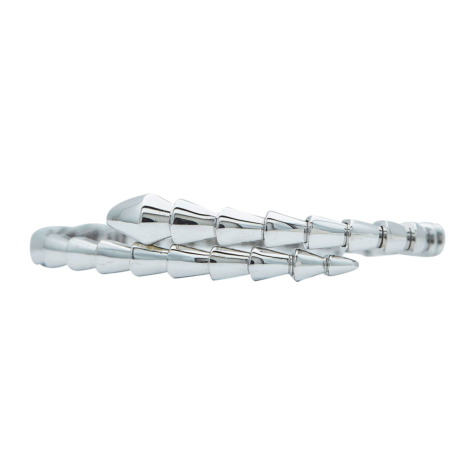 Bulgari Bvlgari Serpenti 18K White Gold Bangle Bracelet: BRAND: Bulgari; COLLECTION: Serpenti; METAL: 18K White Gold; STAMPED: serial number, M, Bvlgari, Maker's Mark, Au750, Italian workshop mark, Made in Italy; CONDITION: Pre-owned, Very Good; ITEM WEIGHT