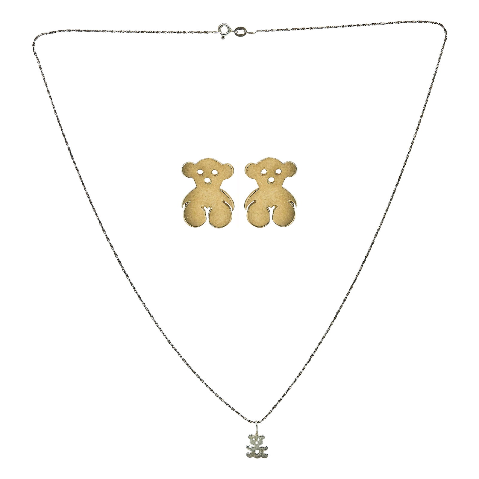 14K Yellow and White Gold Necklace & Earrings Bear Set: METAL: 14K Yellow Gold/Silver, 14K White Gold; STAMPED: Clasp marked: 925, Italy; Pendant marked: 14K; TESTED: 14K Yellow Gold/Silver, 14K White Gold; CONDITION: Pre-owned, Good; ITEM WEIGHT (GRAMS): 