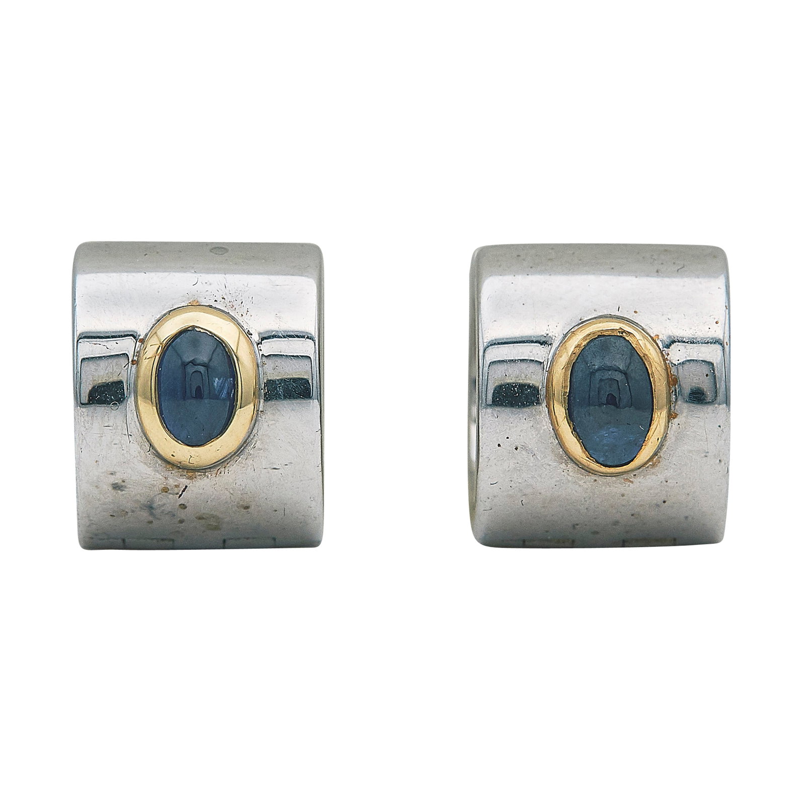 14K White and Yellow Gold Cabochon Sapphire Huggie Earrings: METAL: 14K Yellow Gold/White Gold; GEMSTONES: Sapphire; STAMPED: 585, Maker's mark; CONDITION: Pre-owned, Good; ITEM WEIGHT (GRAMS): 13.7 g; MEASUREMENTS: Earrings 1/2 inch in diameter; ADDITIONAL COM