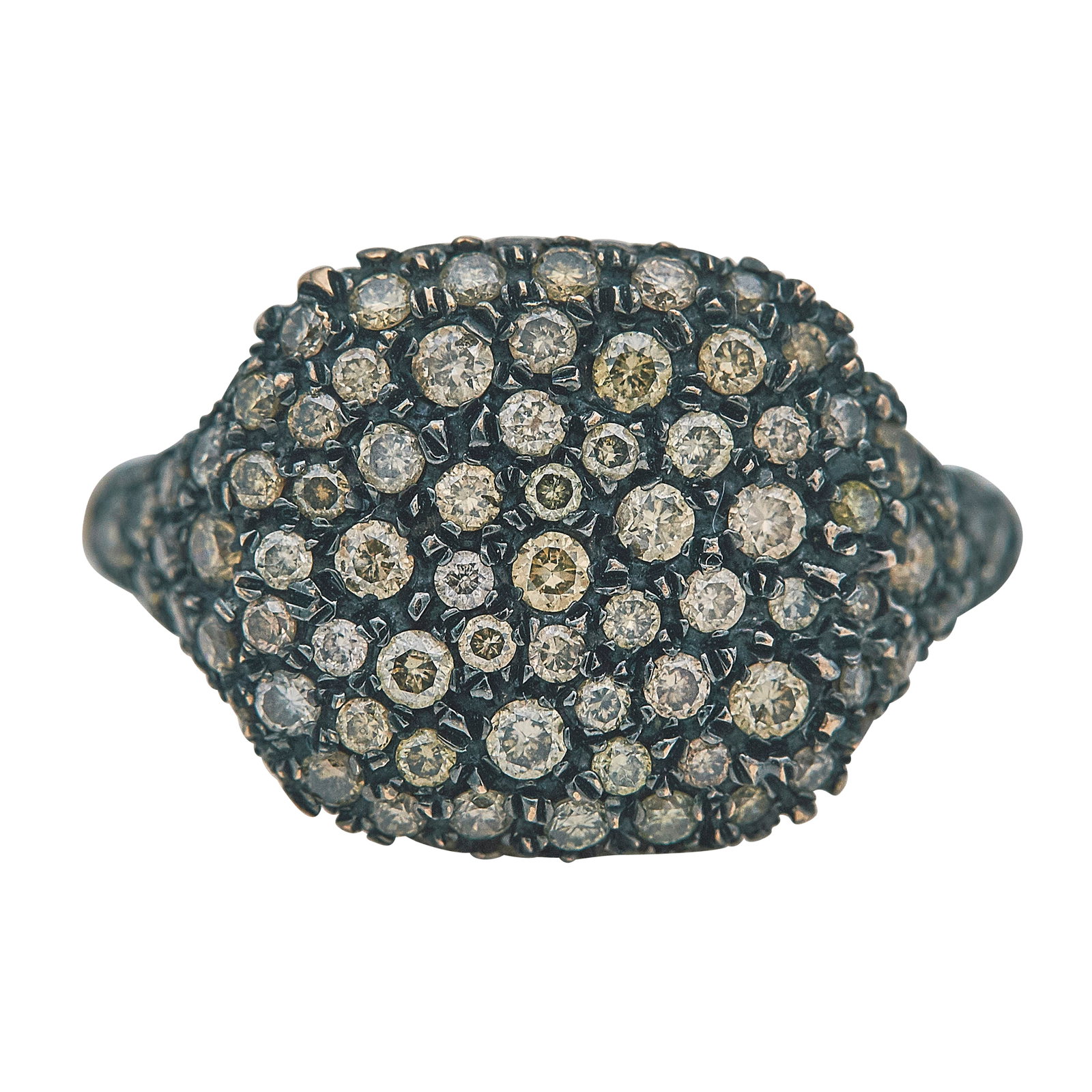 Marco Moore 14K Rose Gold and Colored Diamond Ring: METAL: 14K Rose Gold; APPROXIMATE TOTAL DIAMOND WEIGHT: 1.10 ctw; STAMPED: Marco Moore, 14K, 2/499; CONDITION: Pre-owned, Very Good; ITEM WEIGHT (GRAMS): 5.5 g; MEASUREMENTS: Ring size 7 1/4