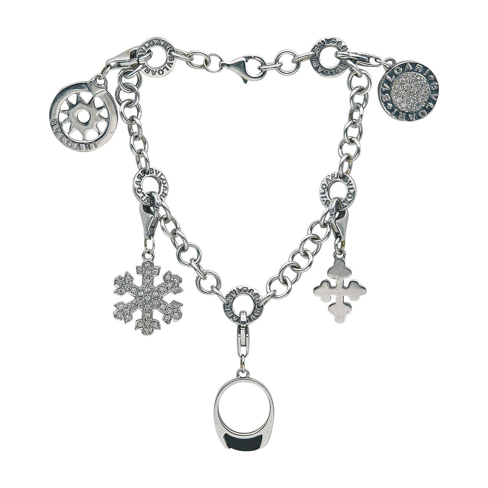 18K White Gold Onyx and Diamond Charm Bracelet: METAL: 18K White Gold; APPROXIMATE TOTAL DIAMOND WEIGHT: 0.57 ctw; GEMSTONES: Onyx; STAMPED: 750; CONDITION: Pre-owned, Very Good; ITEM WEIGHT (GRAMS): 26.2 g; MEASUREMENTS: Bracelet 7 inches long; Di