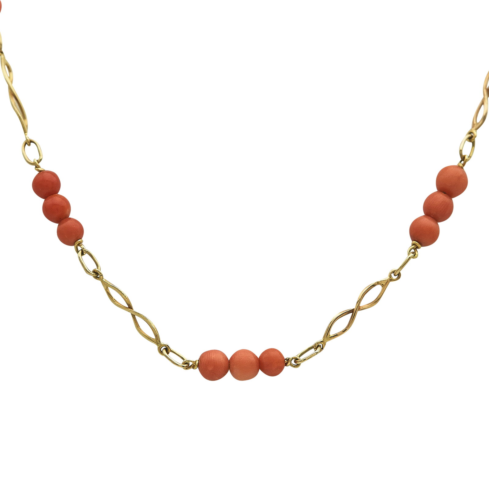 18K Yellow Gold and Coral Bead Chain Necklace: METAL: 18K Yellow Gold; GEMSTONES: Coral Stone; STAMPED: 18K rubbed; TESTED: 18K Yellow Gold; CONDITION: Pre-owned, Good; ITEM WEIGHT (GRAMS): 23.1 g; MEASUREMENTS: Necklace 29 1/2 inches long