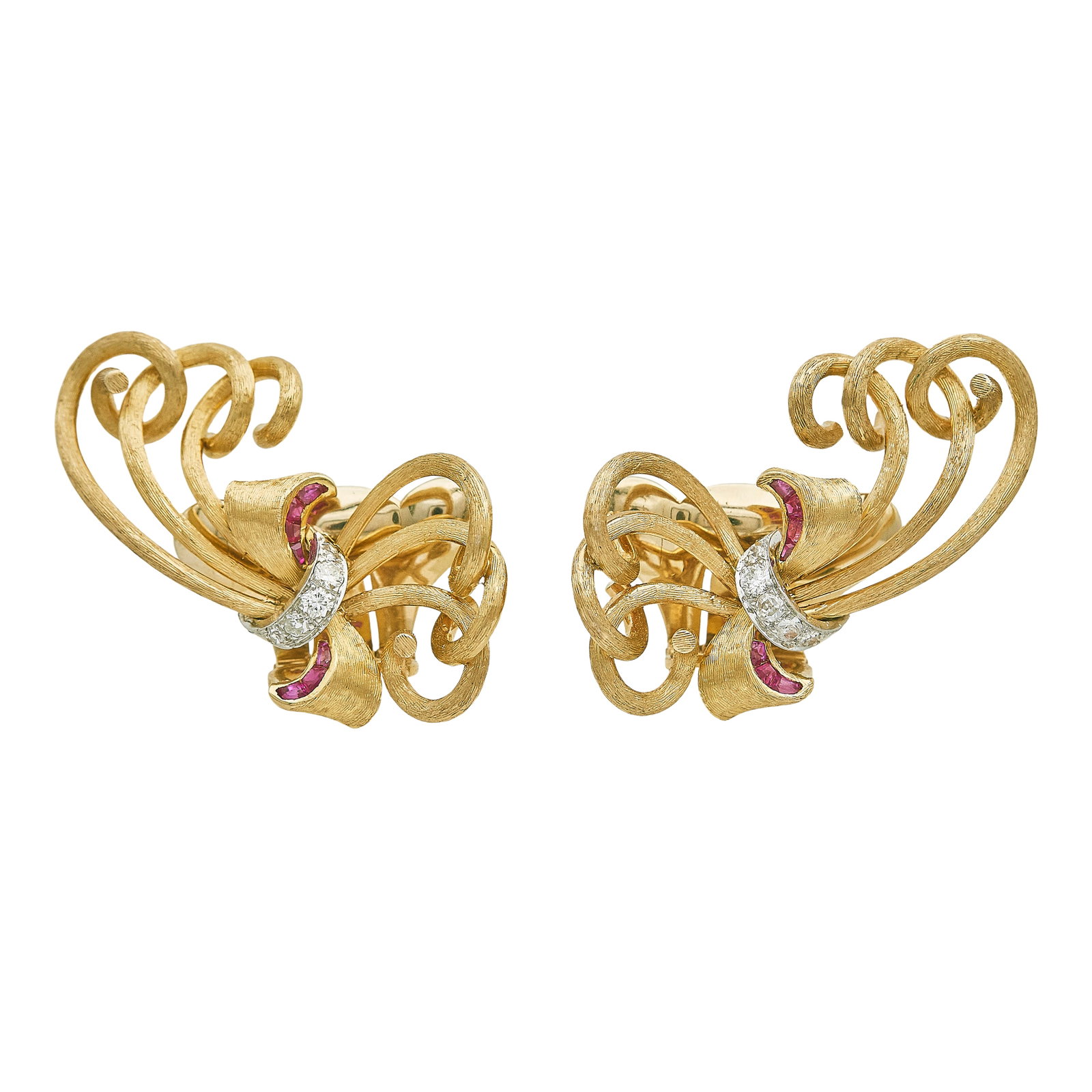 Retro 14K Yellow Gold and Platinum Ruby and Diamond Bow Earrings: METAL: 14K Yellow Gold; APPROXIMATE TOTAL DIAMOND WEIGHT: 0.30 ctw; GEMSTONES: Ruby; TESTED: 14K Yellow Gold; CONDITION: Pre-owned, Very Good; ITEM WEIGHT (GRAMS): 17.71 g; MEASUREMENTS: Earrings 1 1/