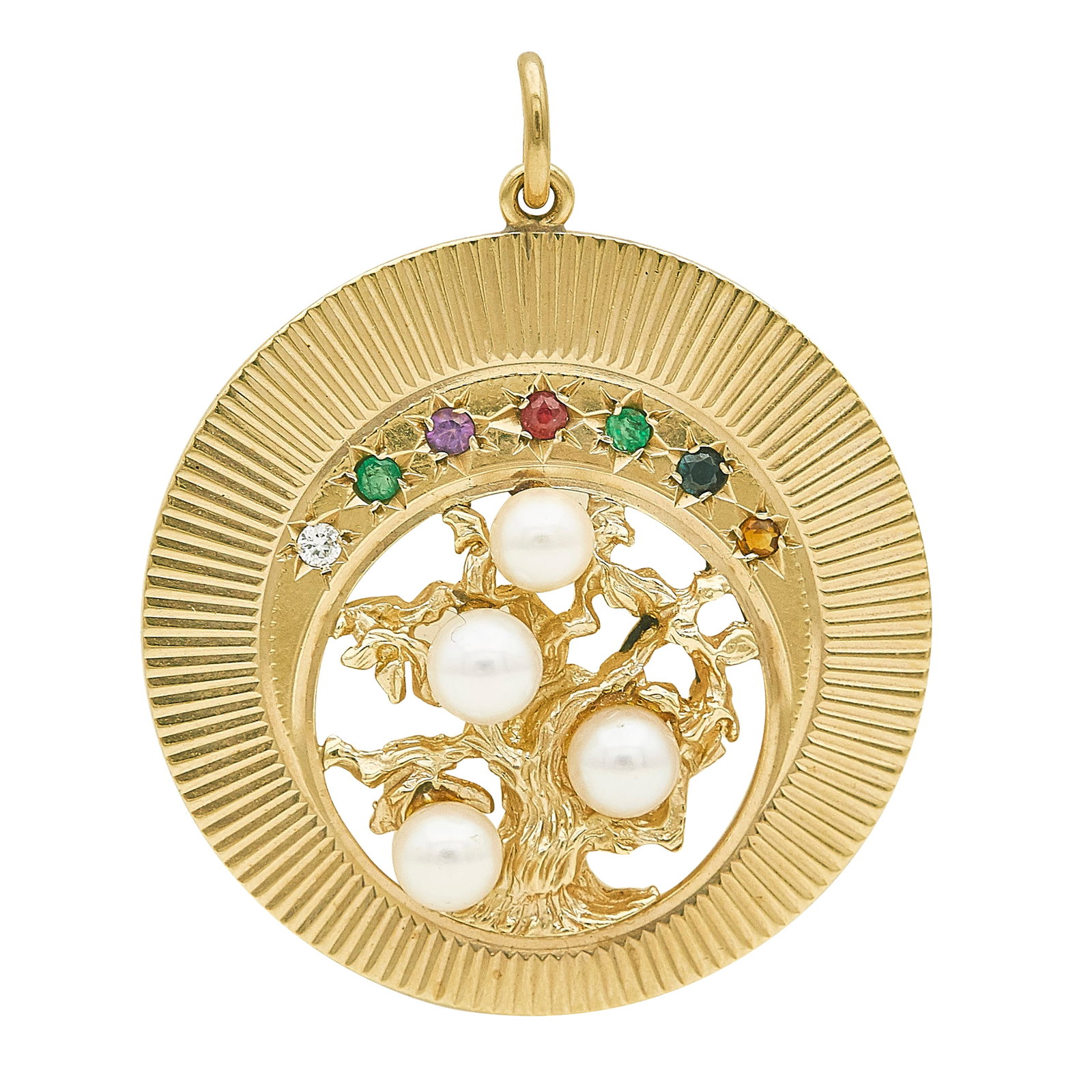 14K Yellow Gold Diamond and Multi-Gemstone Tree of Life Pendant: METAL: 14K Yellow Gold; APPROXIMATE TOTAL DIAMOND WEIGHT: 0.03 ctw; GEMSTONES: Emerald, Amethyst, Ruby, Sapphire, and Citrine; STAMPED: 14K, makers mark; CONDITION: Pre-owned, Very Good; ITEM WEIGHT (