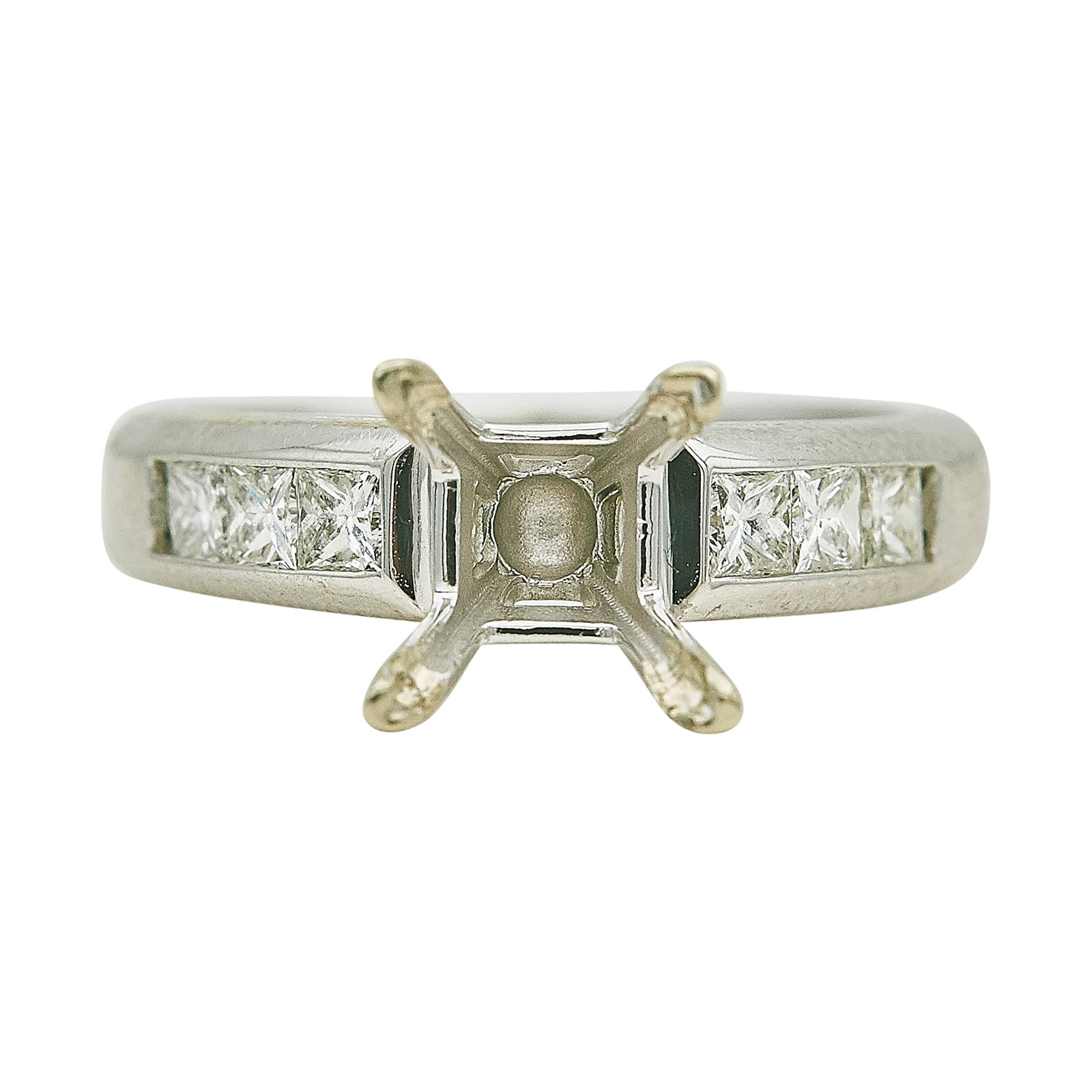 14K White Gold and Princess Cut Diamond Setting: METAL: 14K White Gold; APPROXIMATE TOTAL DIAMOND WEIGHT: 0.60 ctw; STAMPED: A/C, 14K; CONDITION: Pre-owned, Good; ITEM WEIGHT (GRAMS): 5.5 g; MEASUREMENTS: Ring size 6, Center fits approx. 5.30mm x 5.