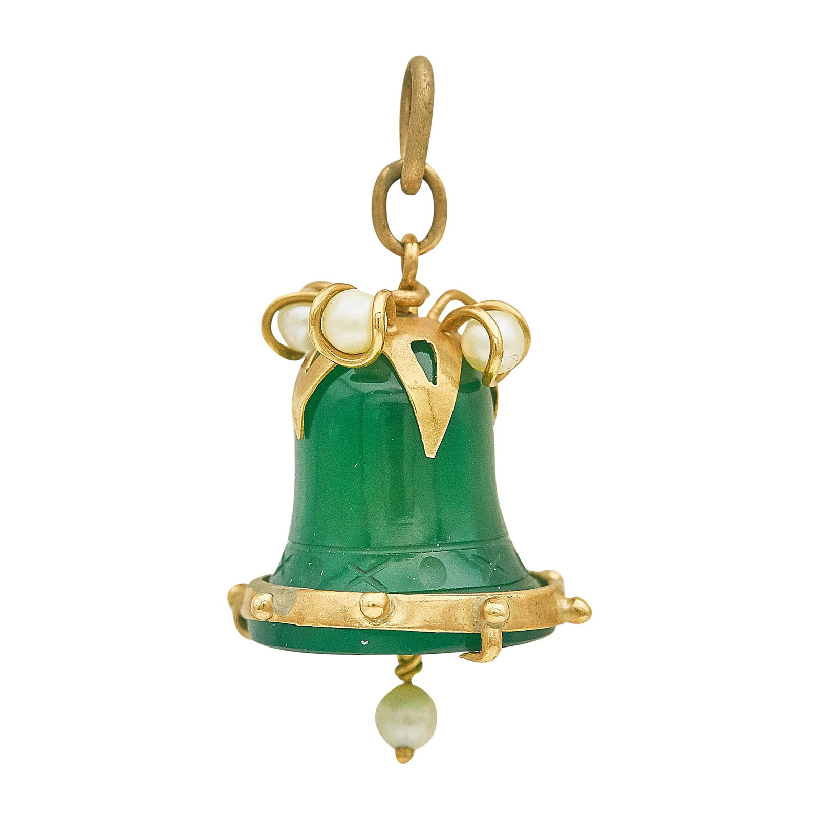 18K Yellow Gold Chrysoprase and Pearl Bell Charm: METAL: 18K Yellow Gold; GEMSTONES: Chrysoprase, Pearl; TESTED: 18K Yellow Gold; CONDITION: Pre-owned, Good; ITEM WEIGHT (GRAMS): 6.58 g; MEASUREMENTS: Charm 1 1/4 inch long