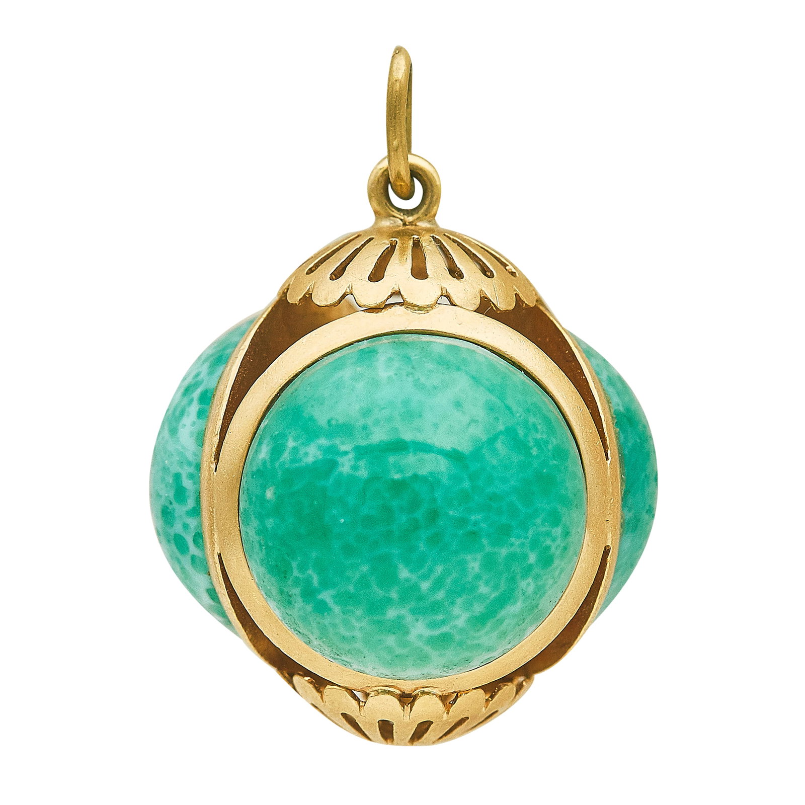 Vintage 18K Rose Gold and Green Glass Cabochon Charm: METAL: 18K Rose Gold; GEMSTONES: Green Glass; TESTED: 18K Rose Gold; CONDITION: Pre-owned, Good; ITEM WEIGHT (GRAMS): 14.48 g; MEASUREMENTS: Charm 1 1/4 inch long including bail
