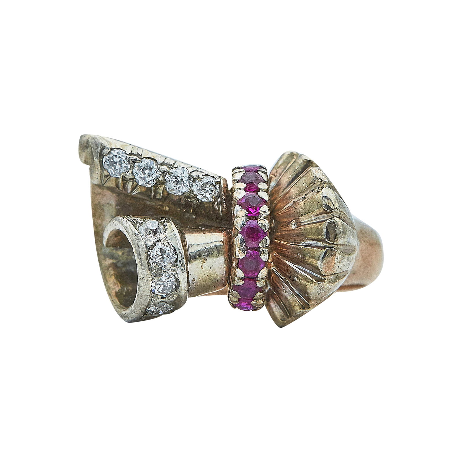 Retro 14K Rose & White Gold Ruby and Diamond Bow Ring (1 of 3)