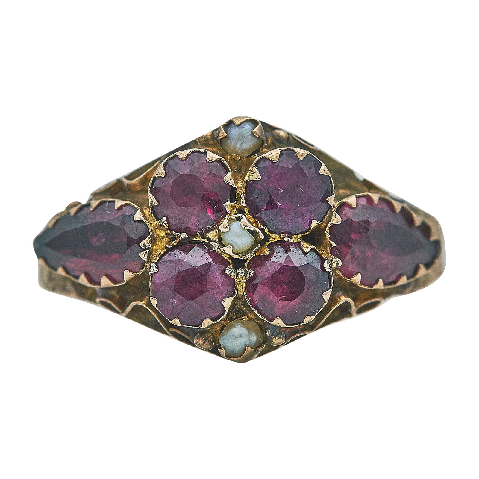 Antique 9K Yellow Gold Garnet and Pearl Ring: METAL: 9K Yellow Gold; GEMSTONES: Garnet, Pearl; STAMPED: British Hallmarks, NBS; CONDITION: Pre-owned, Very Good; ITEM WEIGHT (GRAMS): 1.7 g; MEASUREMENTS: Ring size 6 1/4, ring slightly out of round