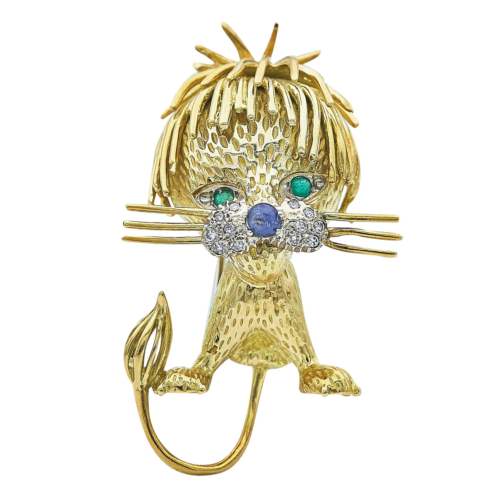 18K Yellow Gold Sapphire, Emerald, and Diamond Lion Pin Brooch (1 of 3)