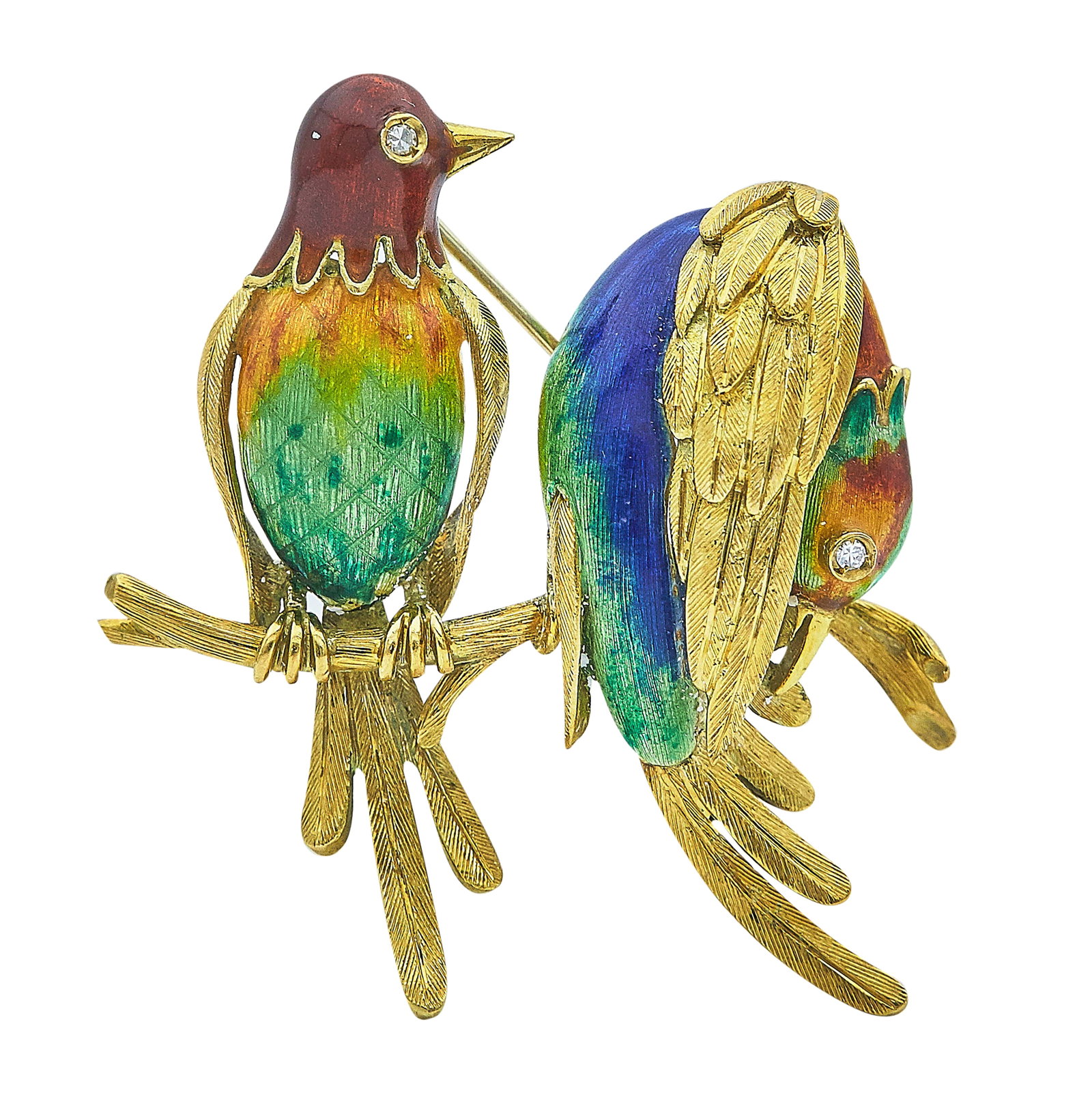 18K Yellow Gold, Enamel, and Diamond Birds Pin Brooch: METAL: 18K Yellow Gold; APPROXIMATE TOTAL DIAMOND WEIGHT: 0.03 ctw; GEMSTONES: Enamel; STAMPED: Kt18, rubbed mark, GB; CONDITION: Pre-owned, Very Good; ITEM WEIGHT (GRAMS): 22.6 g; MEASUREMENTS: Brooc