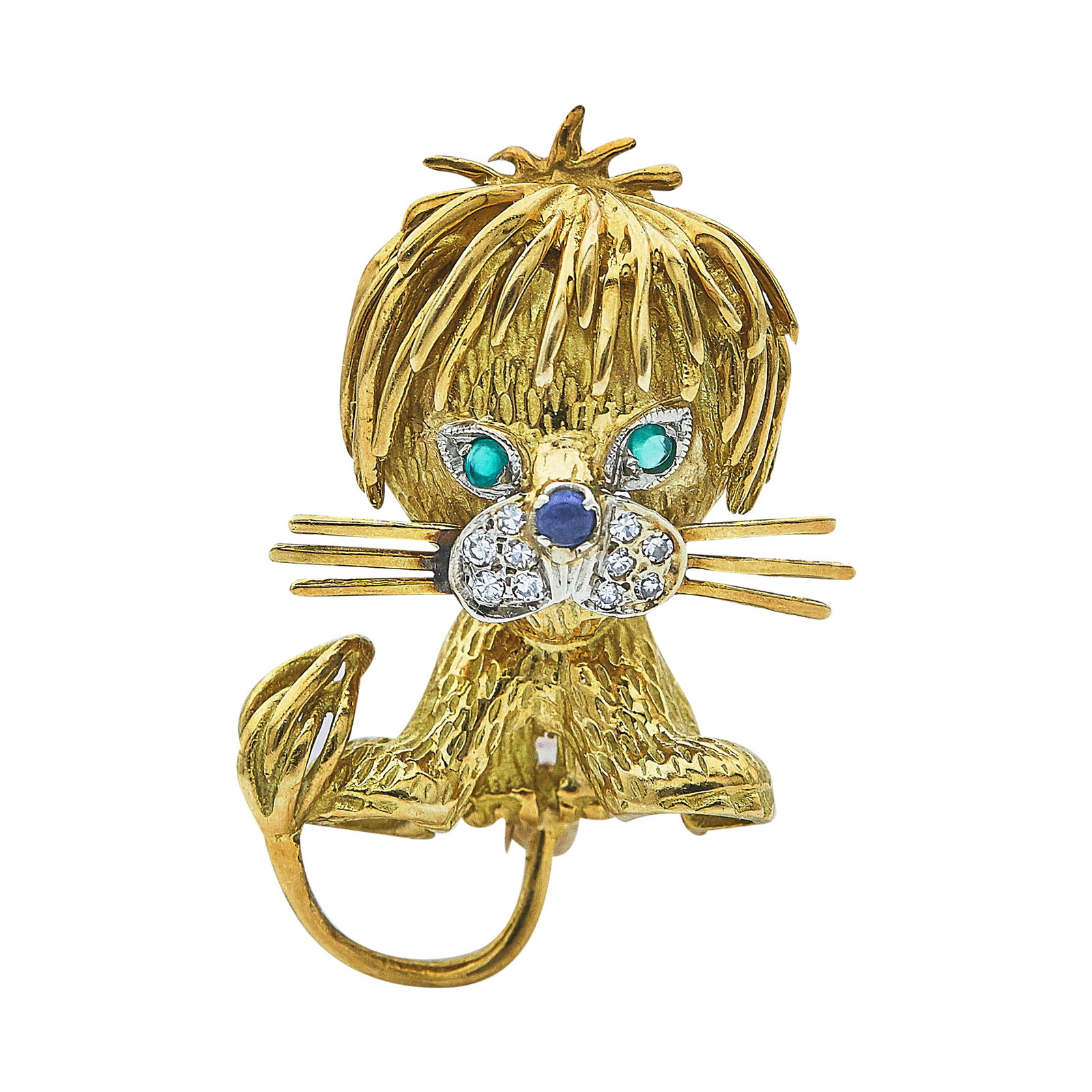 18K Yellow Gold Emerald, Sapphire, and Diamond Lion Pin Brooch: METAL: 18K Yellow Gold; APPROXIMATE TOTAL DIAMOND WEIGHT: 0.10 ctw; GEMSTONES: Emerald, Sapphire; STAMPED: 18K; CONDITION: Pre-owned, Good; ITEM WEIGHT (GRAMS): 8.89 g; MEASUREMENTS: Brooch 1 1/4 inch