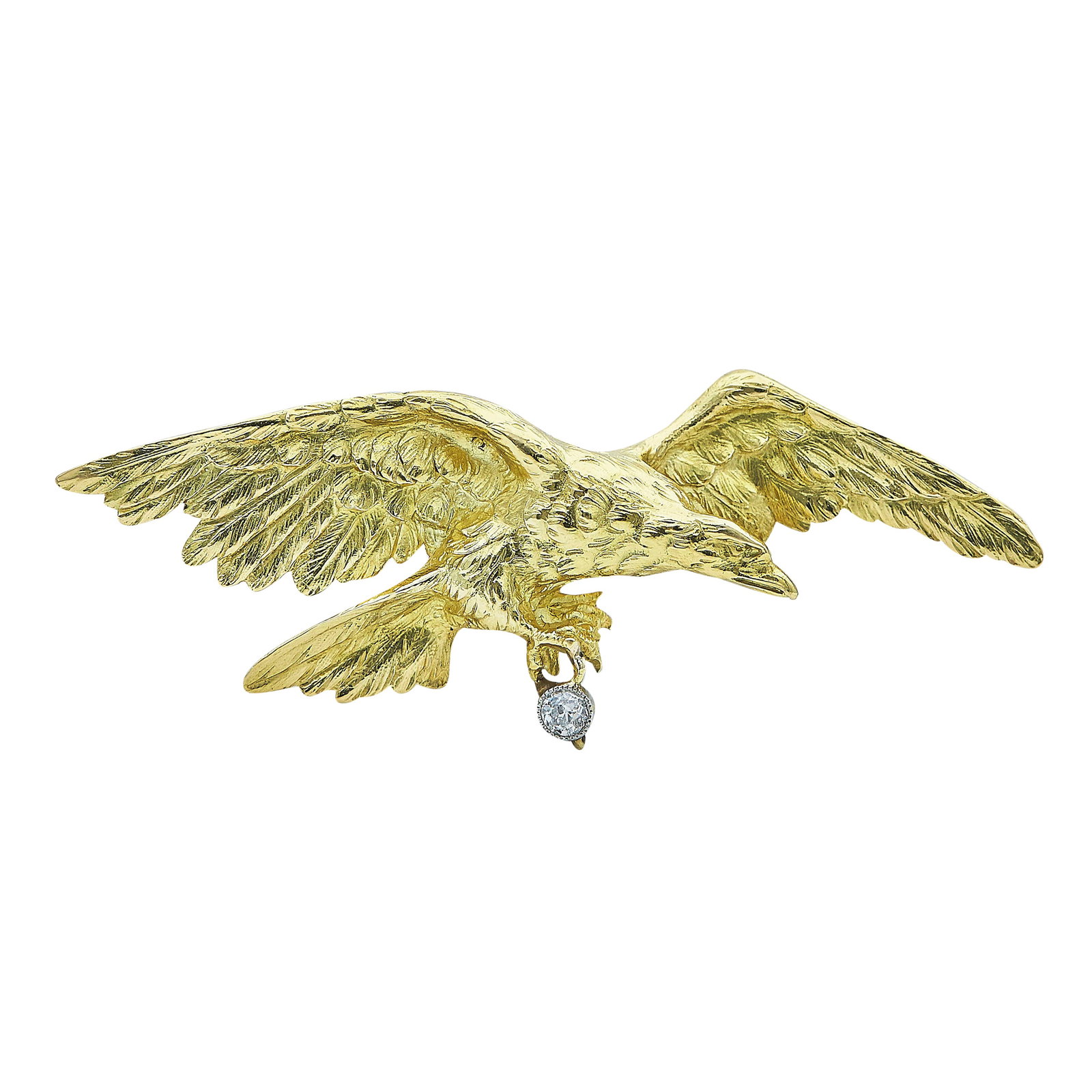 Antique 18K Yellow Gold and Platinum Diamond Eagle Pin Brooch: METAL: 18K Yellow Gold, Platinum; APPROXIMATE TOTAL DIAMOND WEIGHT: 0.14 ctw; STAMPED: French eagle head; CONDITION: Pre-owned, Very Good; ITEM WEIGHT (GRAMS): 20.3 g; MEASUREMENTS: Brooch 2 3/4 inche