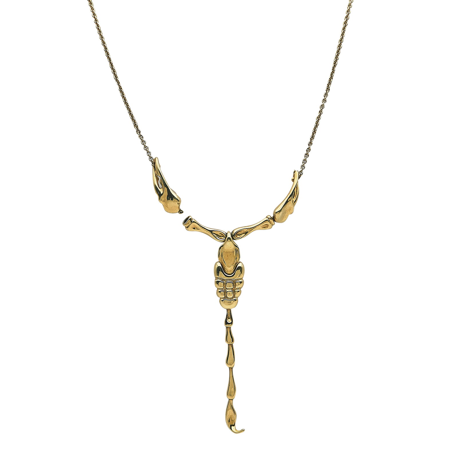 Elsa Peretti for Tiffany & Co. 18K Yellow Gold Scorpion Necklace: BRAND: Elsa Peretti for Tiffany & Co.; METAL: 18K Yellow Gold; STAMPED: © Peretti, Au750, Tiffany & Co.; CONDITION: Pre-owned, Fair; ITEM WEIGHT (GRAMS): 18.6 g; MEASUREMENTS: Chain 14 3/4 inches lon