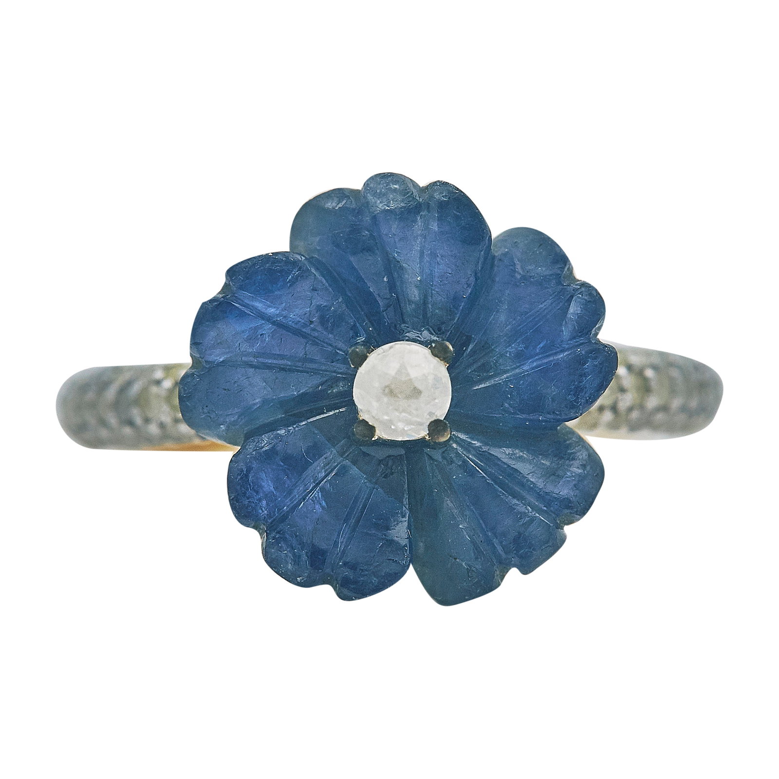 14K Yellow and White Gold Carved Sapphire and Diamond Flower Ring: METAL: 14K Yellow Gold/White Gold; APPROXIMATE TOTAL DIAMOND WEIGHT: 0.50 ctw; GEMSTONES: Sapphire; TESTED: 14K Yellow Gold/White Gold; CONDITION: Pre-owned, Very Good; ITEM WEIGHT (GRAMS): 4.3 g; MEA