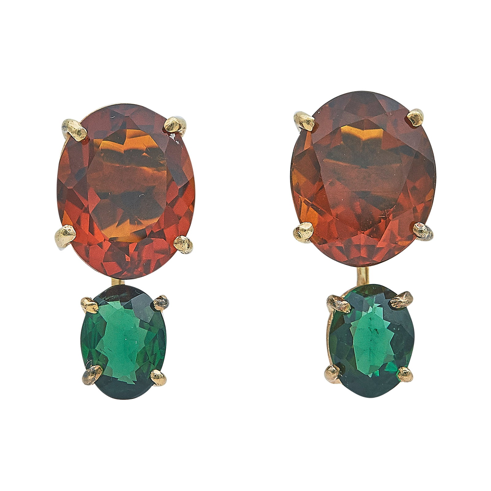 14K Yellow Gold Citrine and Tourmaline Pendant Earrings: METAL: 14K Yellow Gold; GEMSTONES: Citrine, Tourmaline; STAMPED: Backs marked: 14K; TESTED: 14K Yellow Gold; CONDITION: Pre-owned, Very Good; ITEM WEIGHT (GRAMS): 6.2 g; MEASUREMENTS: Earrings 3/4 inc