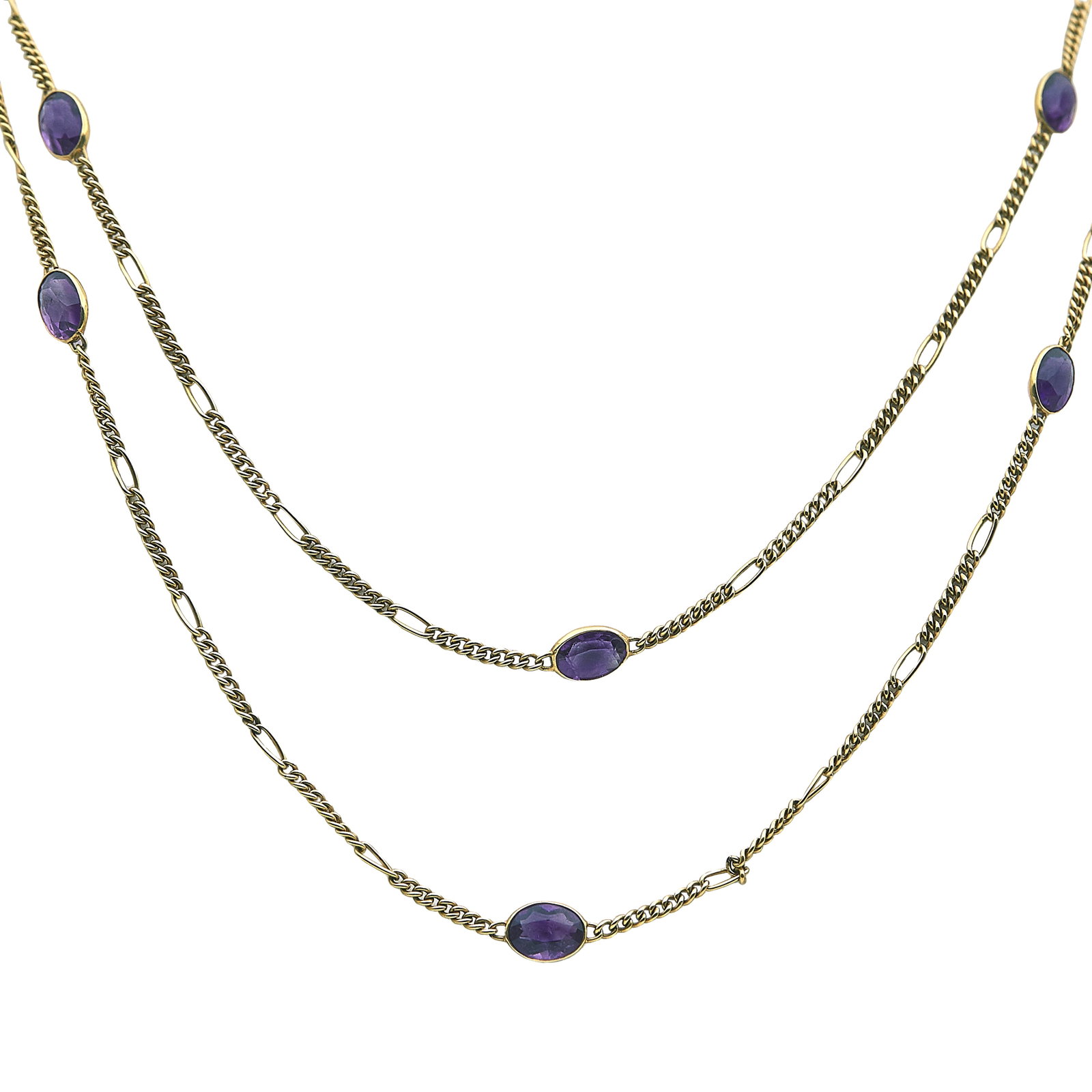 14K Yellow Gold and Amethyst Guard Chain Necklace: METAL: 14K Yellow Gold; GEMSTONES: Amethysts approx. 8.30 mm x 5.90 mm; STAMPED: 585, Maker's Mark; CONDITION: Pre-owned, Very Good; ITEM WEIGHT (GRAMS): 28 g; MEASUREMENTS: Necklace 58 1/2 inches lon