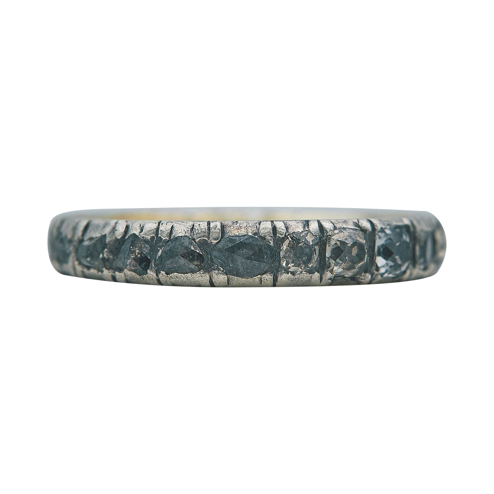 Antique Silver Topped 18K Yellow Gold and Rose Cut Diamond Eternity Band Ring: METAL: 18K Yellow Gold/Silver; TESTED: 18K Yellow Gold/Silver; CONDITION: Pre-owned, Good; ITEM WEIGHT (GRAMS): 2.12 g; MEASUREMENTS: Ring size 5; ADDITIONAL COMMENTS: Approx. total carat weight not a