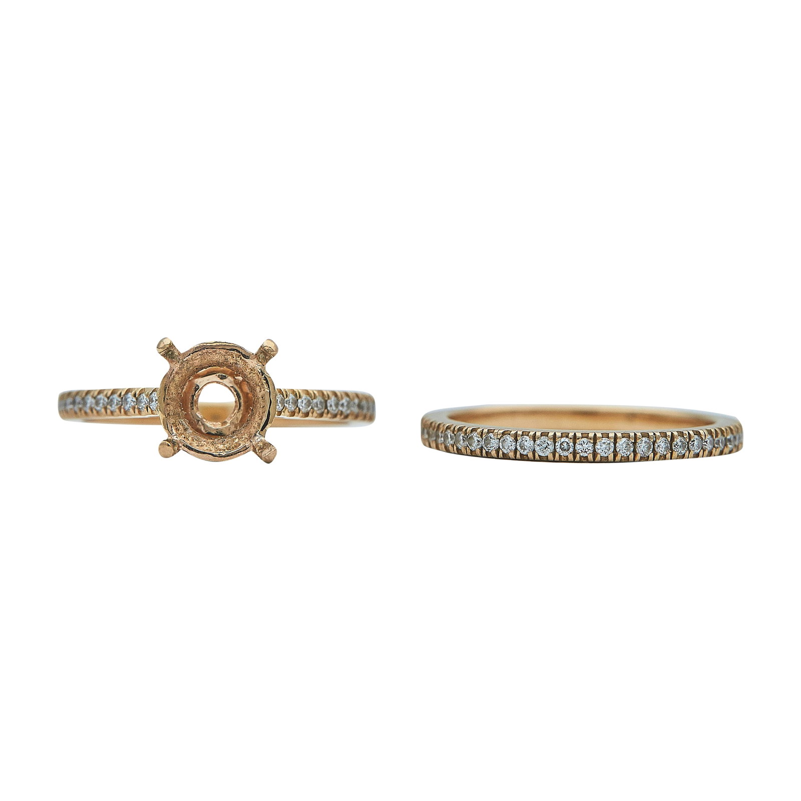18K Rose Gold Engagement Ring Setting and Band Set: METAL: 18K Rose Gold; APPROXIMATE TOTAL DIAMOND WEIGHT: 0.56 ctw; STAMPED: 18K; CONDITION: Pre-owned, Good; ITEM WEIGHT (GRAMS): 5.5 g; MEASUREMENTS: Both ring size 6 3/4, Engagement ring will fit app