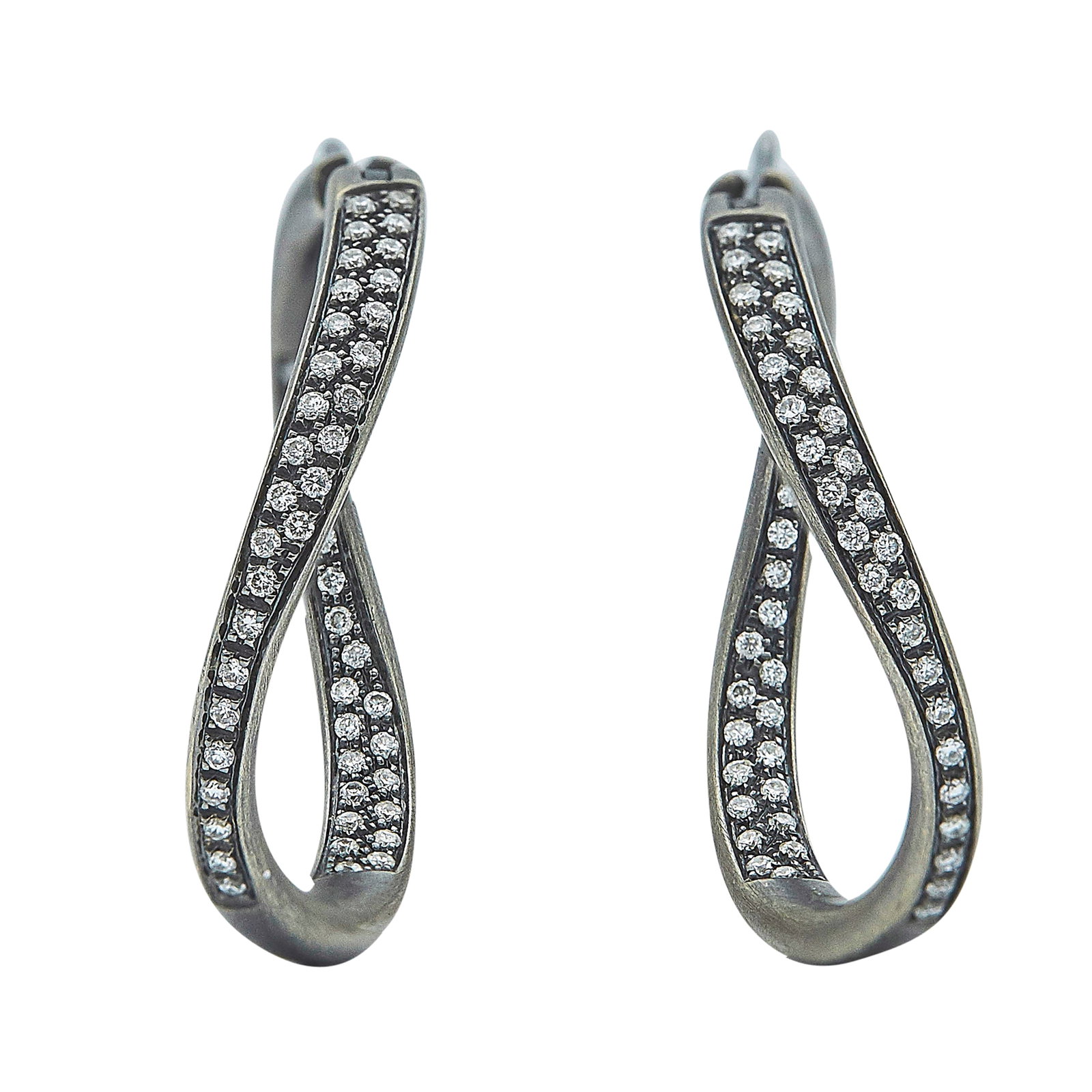 Blackened 18K White Gold and Diamond Inside-Out Hoop Earrings: METAL: 18K White Gold; APPROXIMATE TOTAL DIAMOND WEIGHT: 1 ctw; STAMPED: Italian workshop mark, 750; CONDITION: Pre-owned, Very Good; ITEM WEIGHT (GRAMS): 15.2 g; MEASUREMENTS: Earrings 1 1/4 inch in 