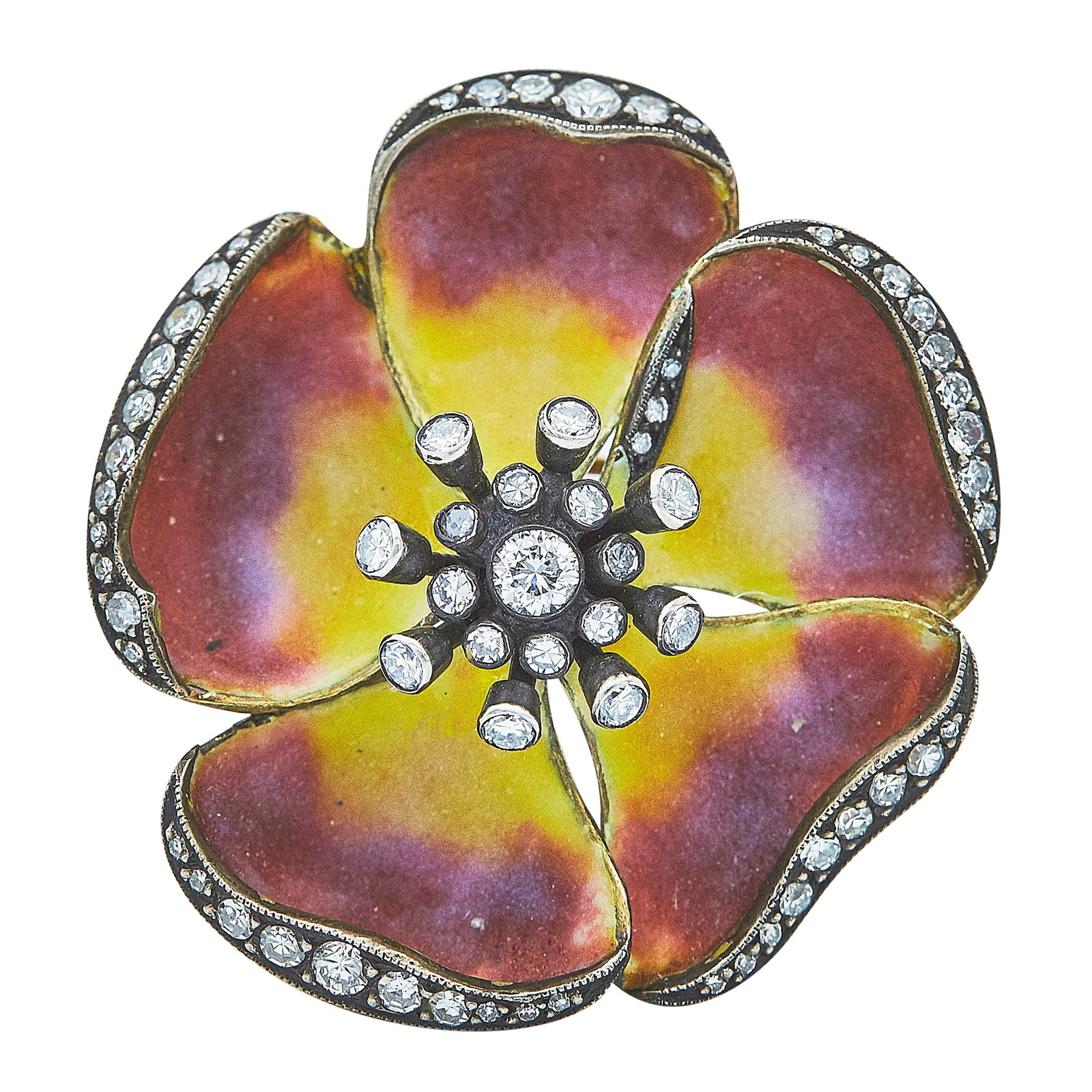 Silver Topped 18K Yellow Gold and Diamond Flower Brooch (1 of 3)