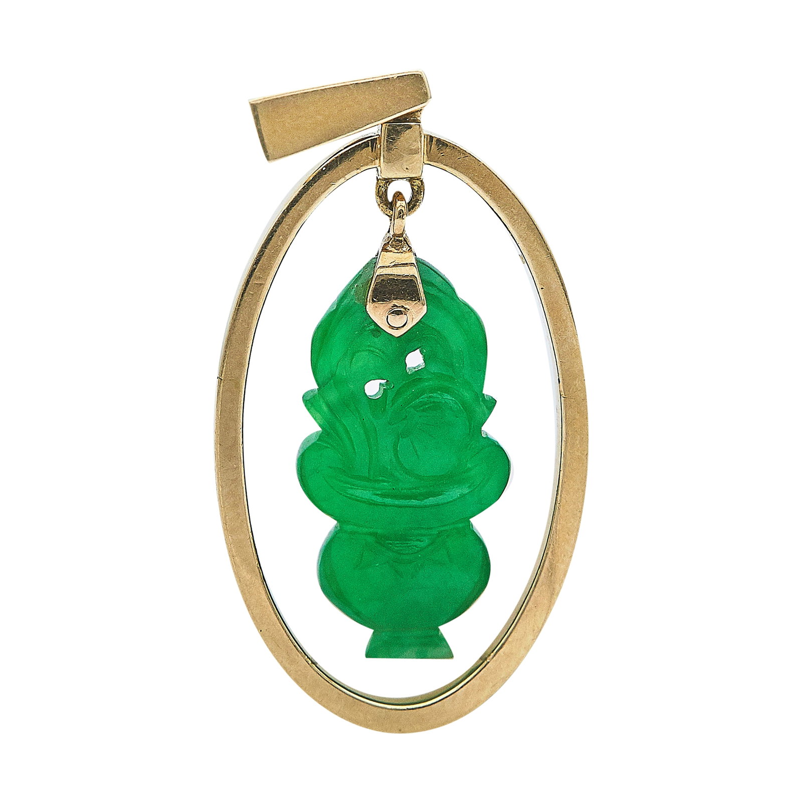 14K Yellow Gold and Carved Jade Pendant: METAL: 14K Yellow Gold; GEMSTONES: Jade; STAMPED: 585, Maker's mark; CONDITION: Pre-owned, Very Good; ITEM WEIGHT (GRAMS): 3.8 g; MEASUREMENTS: Pendant 1 15/16 inch long x 5/8 inch wide
