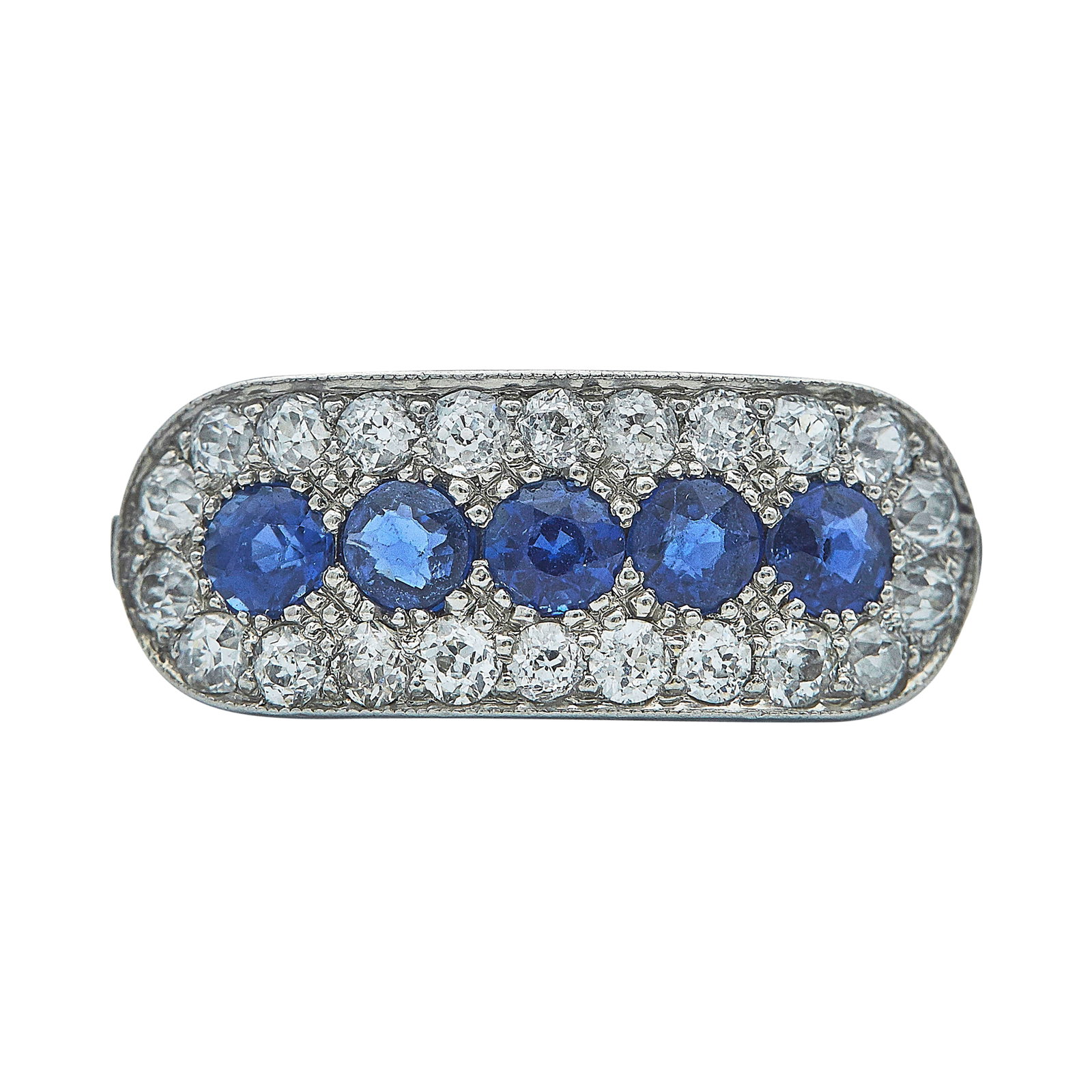 Art Deco Platinum Sapphire and Diamond Ring: METAL: Platinum; APPROXIMATE TOTAL DIAMOND WEIGHT: 0.66 ctw; GEMSTONES: Sapphire; TESTED: Platinum; CONDITION: Pre-owned, Good; ITEM WEIGHT (GRAMS): 3.8 g; MEASUREMENTS: Ring size 4 3/4; Diamonds and 
