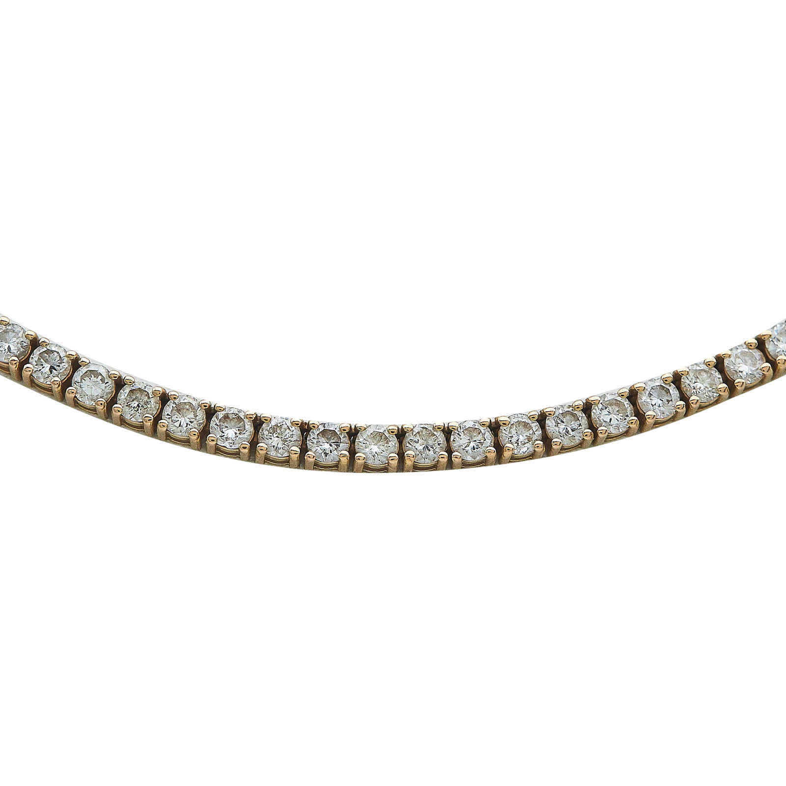 14K Rose Gold and Diamond Tennis Necklace: METAL: 14K Rose Gold; APPROXIMATE TOTAL DIAMOND WEIGHT: 6.40 ctw; STAMPED: 14K; CONDITION: Pre-owned, Excellent; ITEM WEIGHT (GRAMS): 15.7 g; MEASUREMENTS: Necklace 16 1/2 inches long