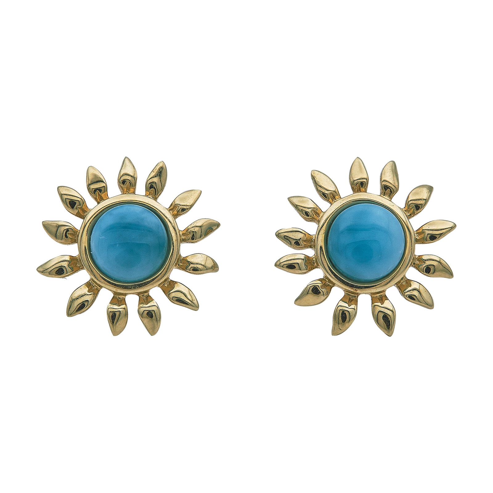 14K Yellow Gold and Larimar Flower Stud Earrings: METAL: 14K Yellow Gold; GEMSTONES: Larimar cabochons approx. 5.50 mm in diameter; STAMPED: Maker's mark, 14K; CONDITION: Pre-owned, Excellent; ITEM WEIGHT (GRAMS): 3.23 g; MEASUREMENTS: Earrings 1/2 i