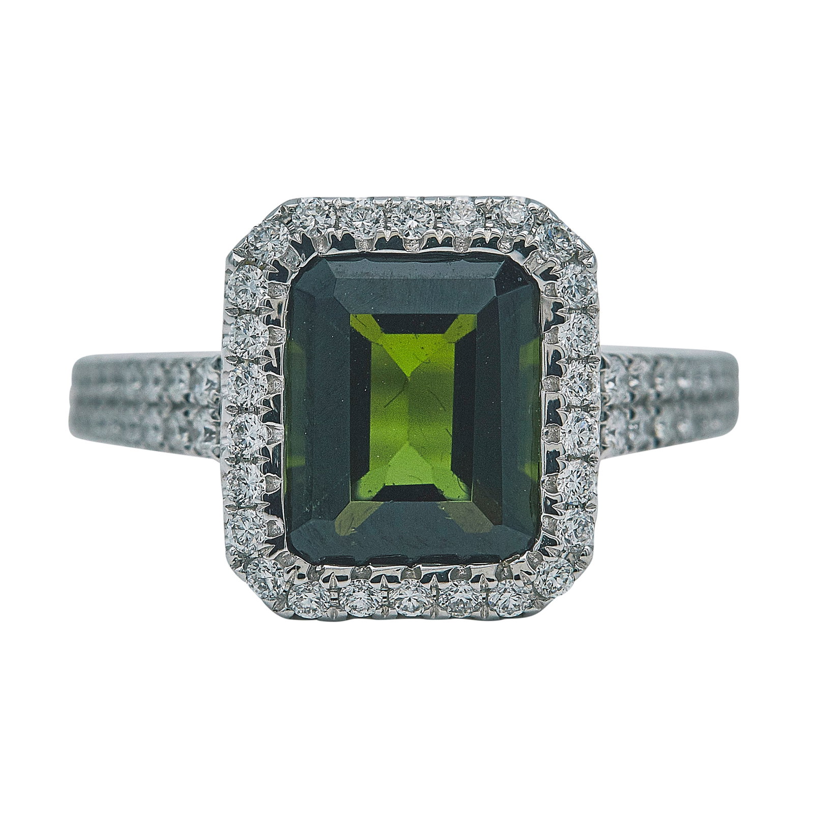 14K White Gold Tourmaline and Diamond Ring: METAL: 14K White Gold; APPROXIMATE TOTAL DIAMOND WEIGHT: 0.54 ctw; GEMSTONES: Tourmaline approx. 2.78 carats, Weight estimated by formula; STAMPED: 14K, Maker's Mark; CONDITION: Pre-owned, Very Good; 
