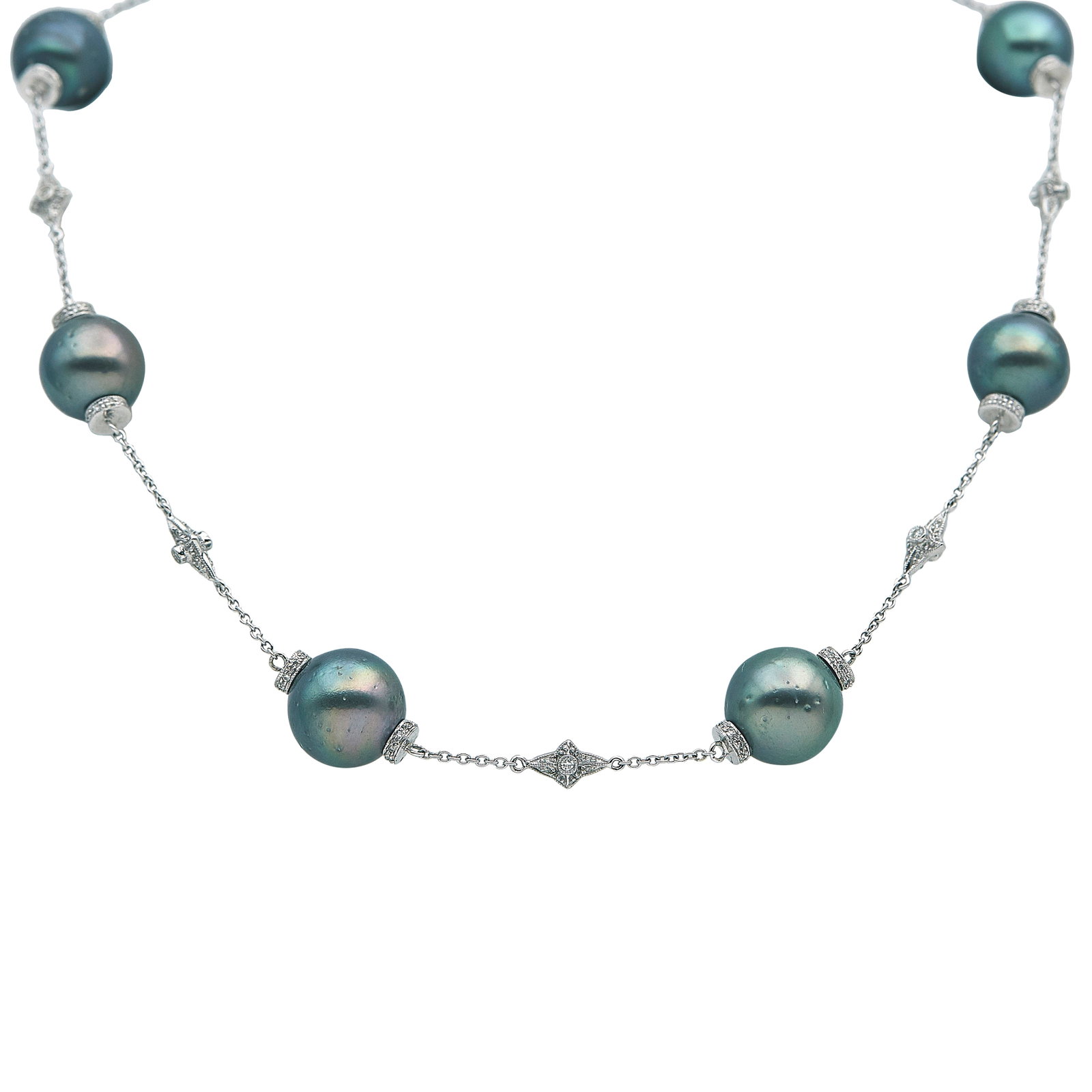 18K White Gold and Cultured Black Pearl Necklace: METAL: 18K White Gold; APPROXIMATE TOTAL DIAMOND WEIGHT: 0.74 ctw; GEMSTONES: Cultured Pearls approx. 12.50 mm in diameter; STAMPED: 750; CONDITION: Pre-owned, Good; ITEM WEIGHT (GRAMS): 40.3 g; MEASU