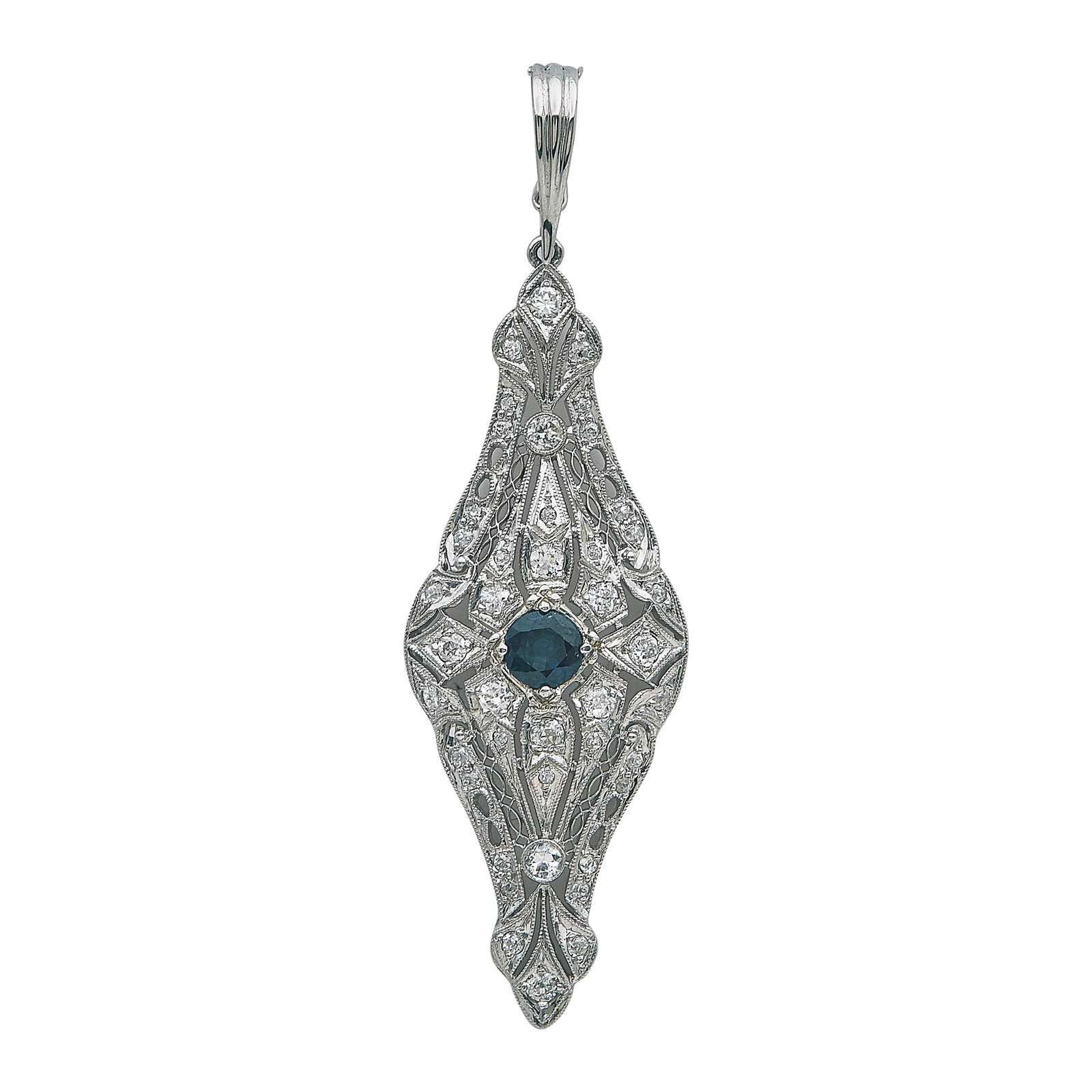 Platinum and 14K White Gold Sapphire and Diamond Pendant: METAL: 14K White Gold; APPROXIMATE TOTAL DIAMOND WEIGHT: 0.90 ctw; GEMSTONES: Sapphire; STAMPED: Bail marked 14K; CONDITION: Pre-owned, Good; ITEM WEIGHT (GRAMS): 9.6 g; MEASUREMENTS: Pendant 2 7/8 in