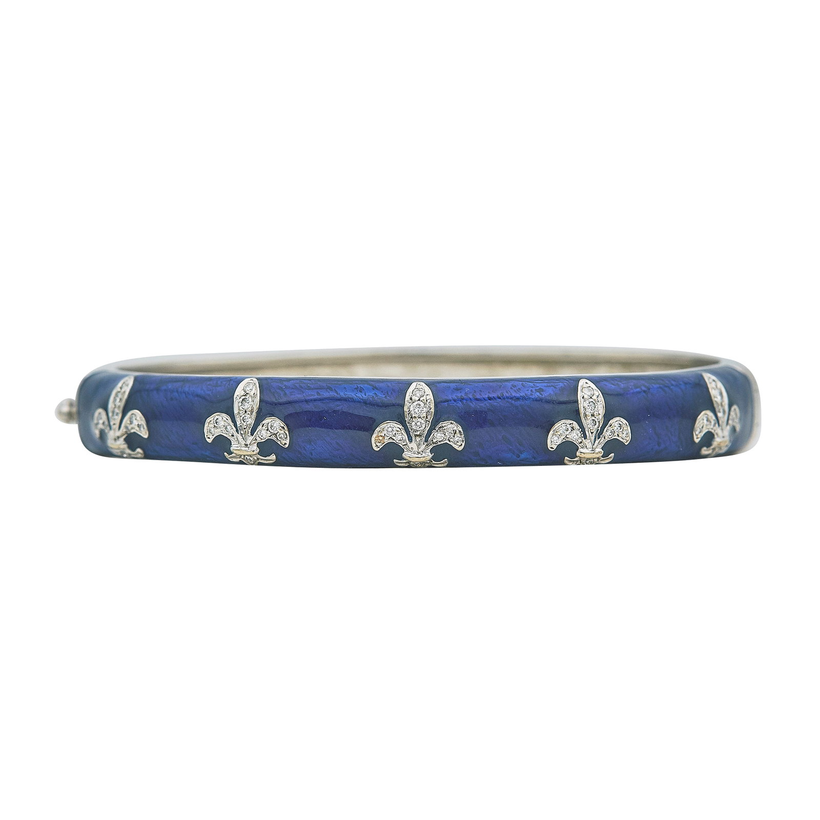 Hidalgo 18K White Gold Diamond and Enamel Fleur De Lis Bangle Bracelet: BRAND: Hidalgo; METAL: 18K White Gold; APPROXIMATE TOTAL DIAMOND WEIGHT: 0.53 ctw; GEMSTONES: Enamel; STAMPED: © Hidalgo, 750; CONDITION: Pre-owned, Very Good; ITEM WEIGHT (GRAMS): 43.4 g; MEASUREMEN