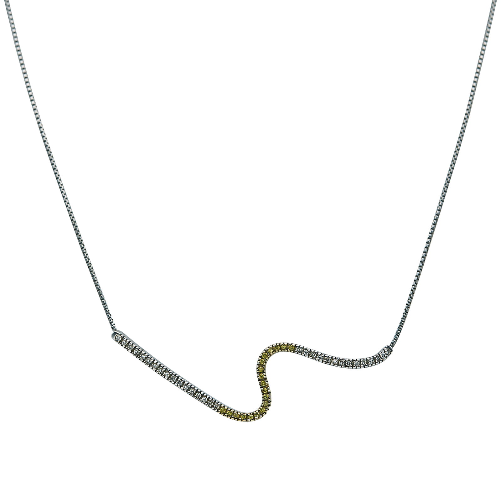 14K White Gold Yellow and Colorless Diamond Diamond Necklace: METAL: 14K White Gold; APPROXIMATE TOTAL DIAMOND WEIGHT: 0.09 ctw; GEMSTONES: Yellow diamonds approx. total weight 0.06 carat; STAMPED: 585; CONDITION: Pre-owned, Very Good; ITEM WEIGHT (GRAMS): 4.7 g