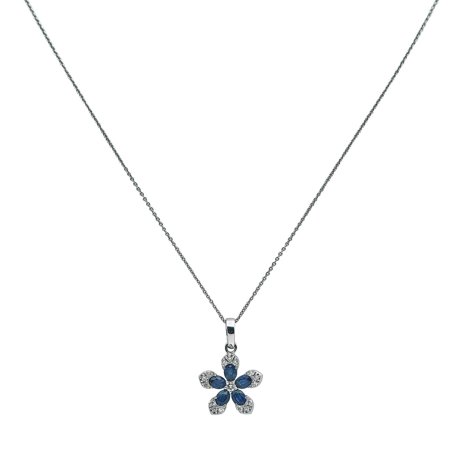 14K White Gold and Sterling Silver Sapphire Sapphire and Diamond Flower Pendant Necklace: METAL: 14K White Gold/Silver; APPROXIMATE TOTAL DIAMOND WEIGHT: 0.15 ctw; GEMSTONES: Sapphire approx. 0.85 carat; STAMPED: Clasp marked: 925 Italy, MDC; Pendant marked: 14K; CONDITION: Pre-owned, Very