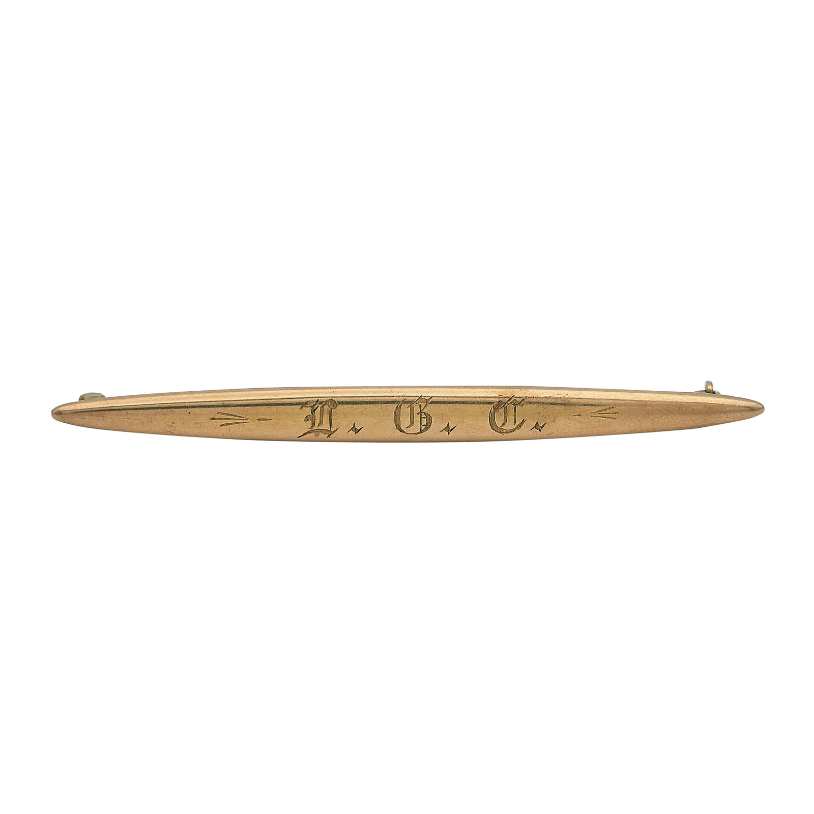 14K Yellow Gold Monogramed Pin: METAL: 14K Yellow Gold; STAMPED: 14K; CONDITION: Pre-owned, Very Good; ITEM WEIGHT (GRAMS): 3.1 g; MEASUREMENTS: Pin 2 1/2 inches long x 3/16 inch wide