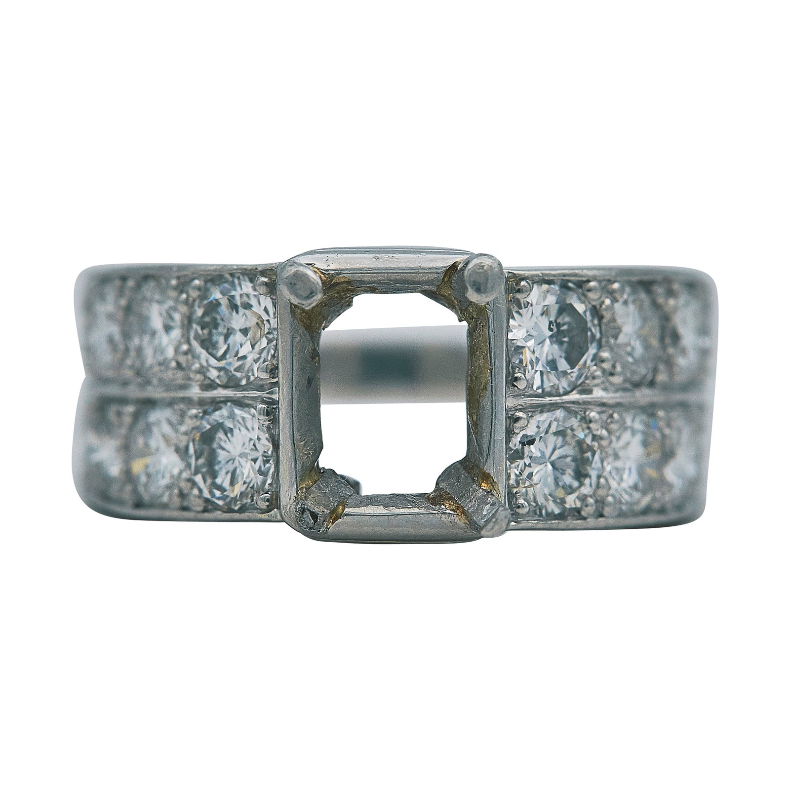 Platinum and Diamond Ring Setting: METAL: Platinum; APPROXIMATE TOTAL DIAMOND WEIGHT: 3 ctw; STAMPED: Plat, Maker's Mark; CONDITION: Pre-owned, Good; ITEM WEIGHT (GRAMS): 11.1 g; MEASUREMENTS: Ring size 6 3/4, Center will fit approx. 8