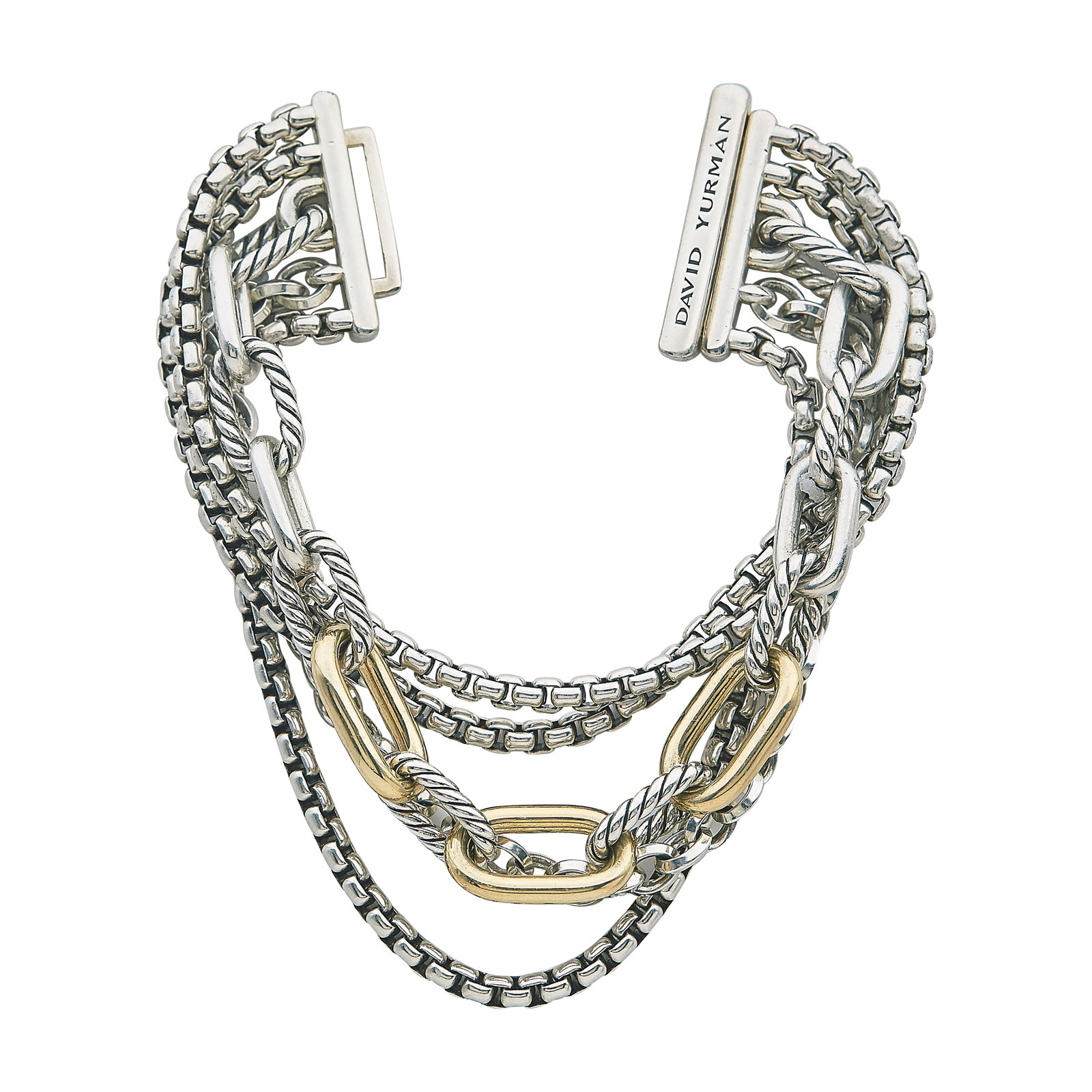 David Yurman Sterling Silver and Bonded 18K Yellow Gold Multi-Row Bracelet: BRAND: David Yurman; METAL: Sterling Silver; STAMPED: © D.Y. 925, 925.1/4 750; CONDITION: Pre-owned, Very Good; ITEM WEIGHT (GRAMS): 78.6 g; MEASUREMENTS: Bracelet 7 inches long